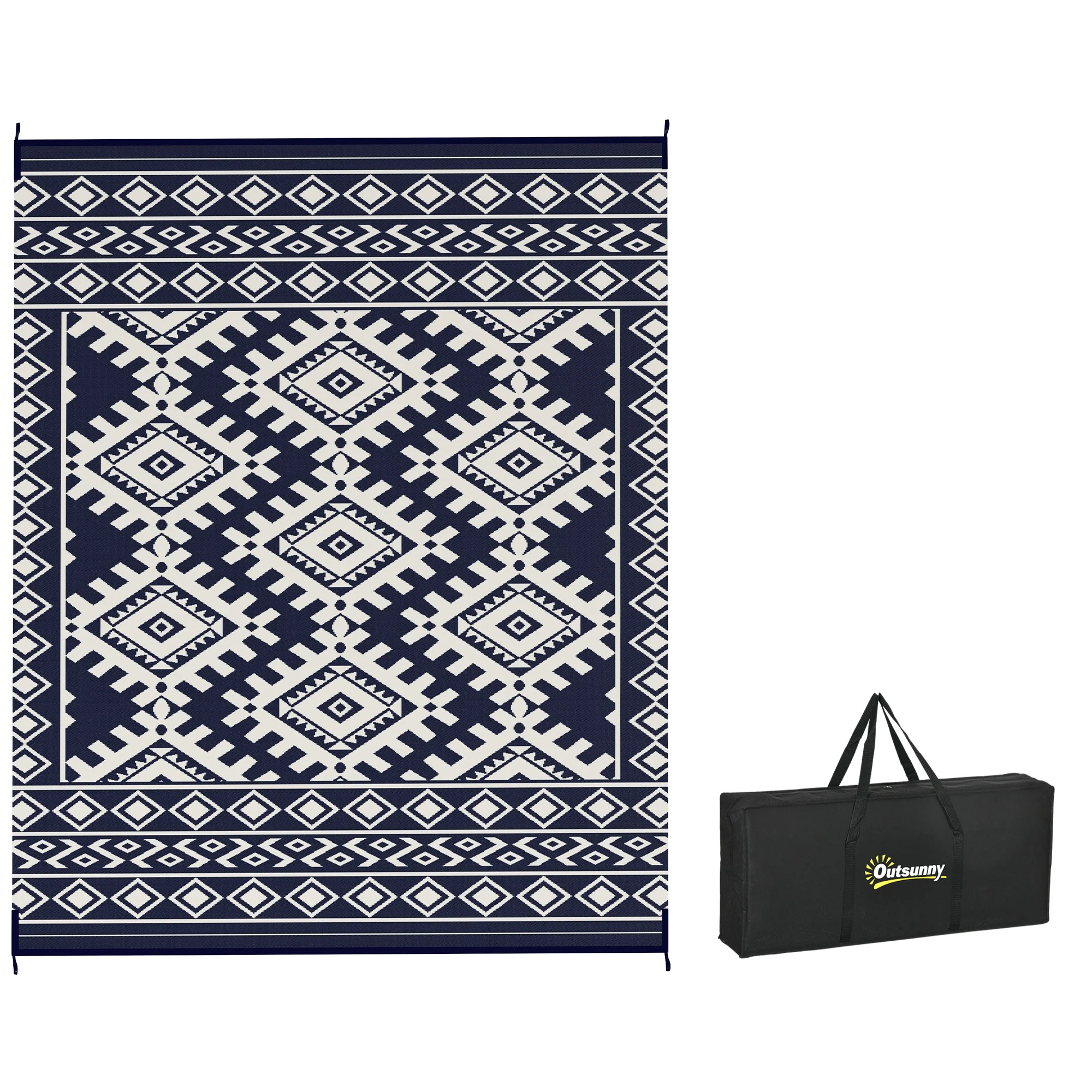 8' x 10' Reversible Waterproof Outdoor Rug, Plastic Straw with Blue & White Rhombus Border