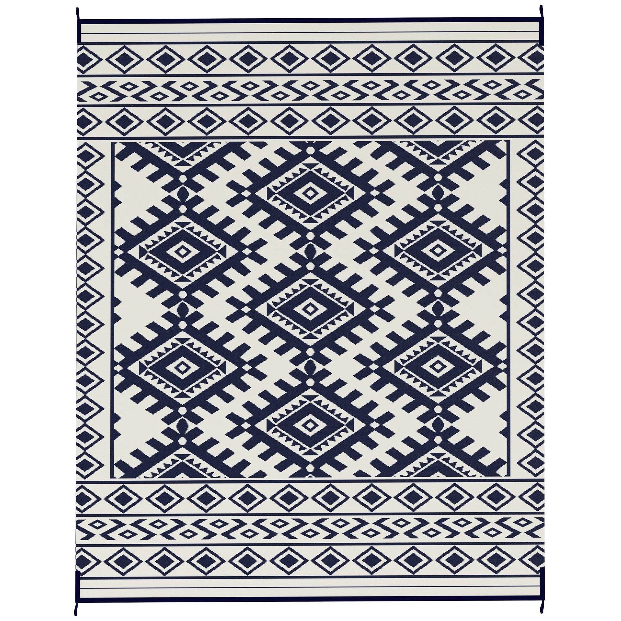 8' x 10' Reversible Waterproof Outdoor Rug, Plastic Straw with Blue & White Rhombus Border - Image 2