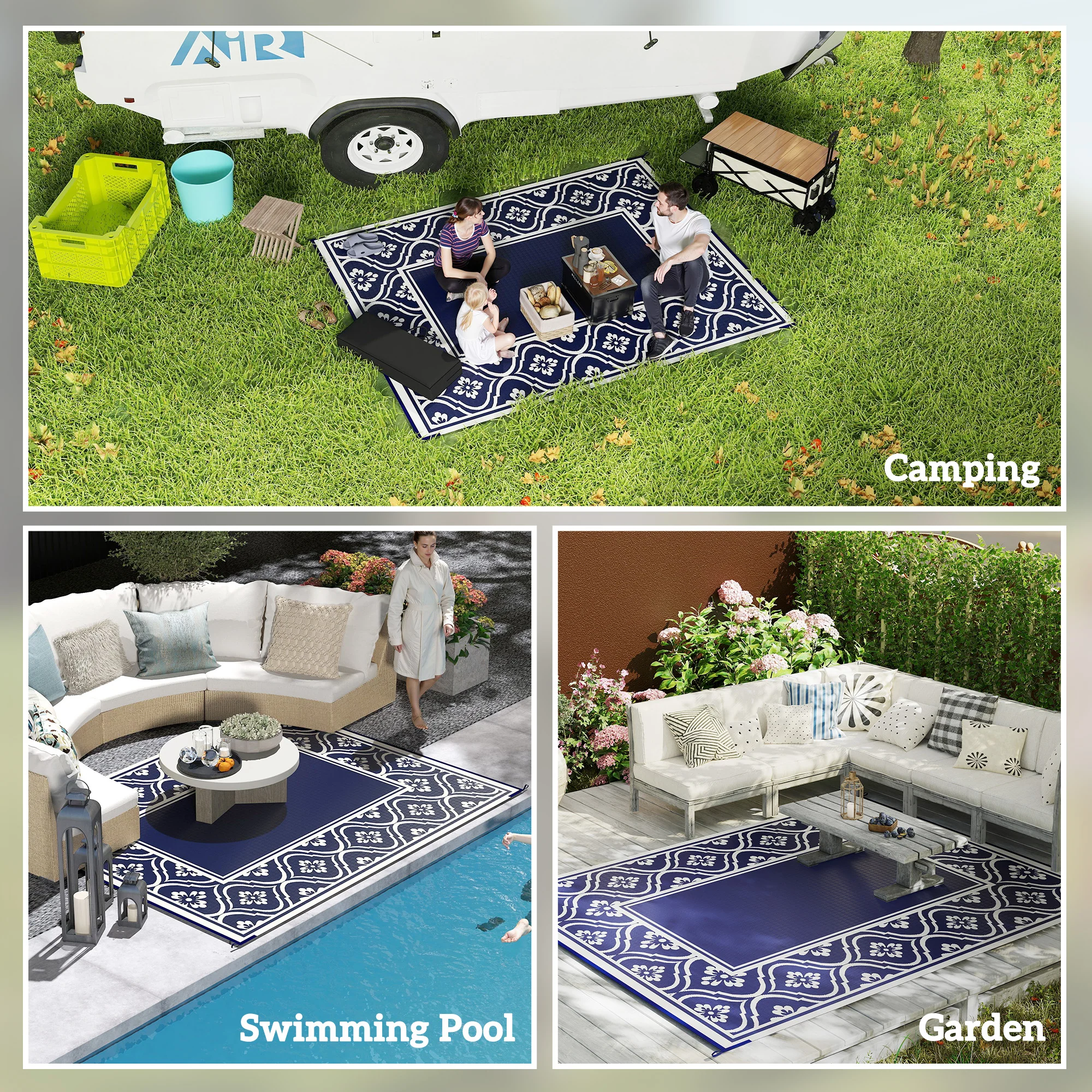 8' x 10' Reversible Outdoor Rug - Waterproof Plastic Straw with Carry Bag, Blue & White Border - Image 7