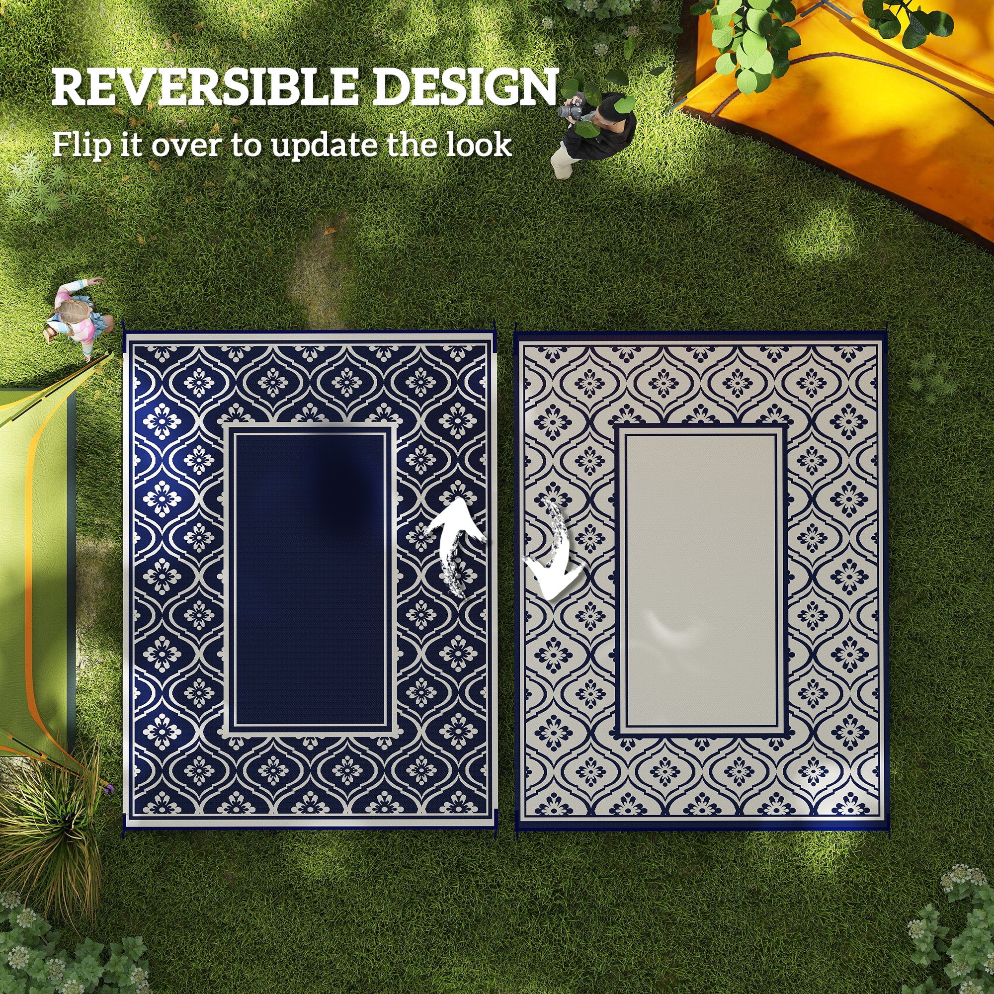 9' x 12' Outdoor Rug Waterproof Reversible Blue & White Gourd Border - Image 9