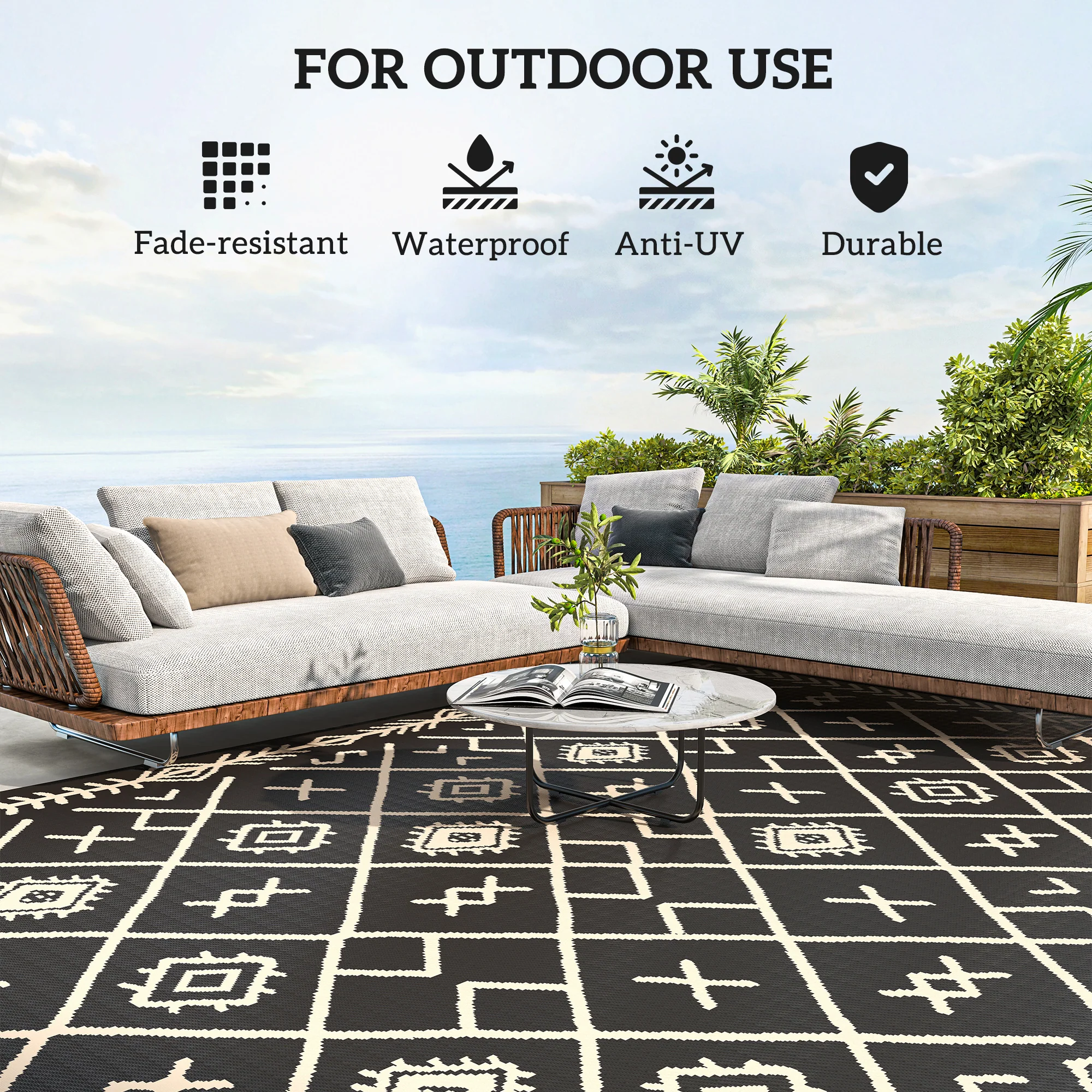 9' x 12' Reversible Outdoor Rug, Waterproof Plastic Straw with Carry Bag, Black & Beige Rhombus - Image 8