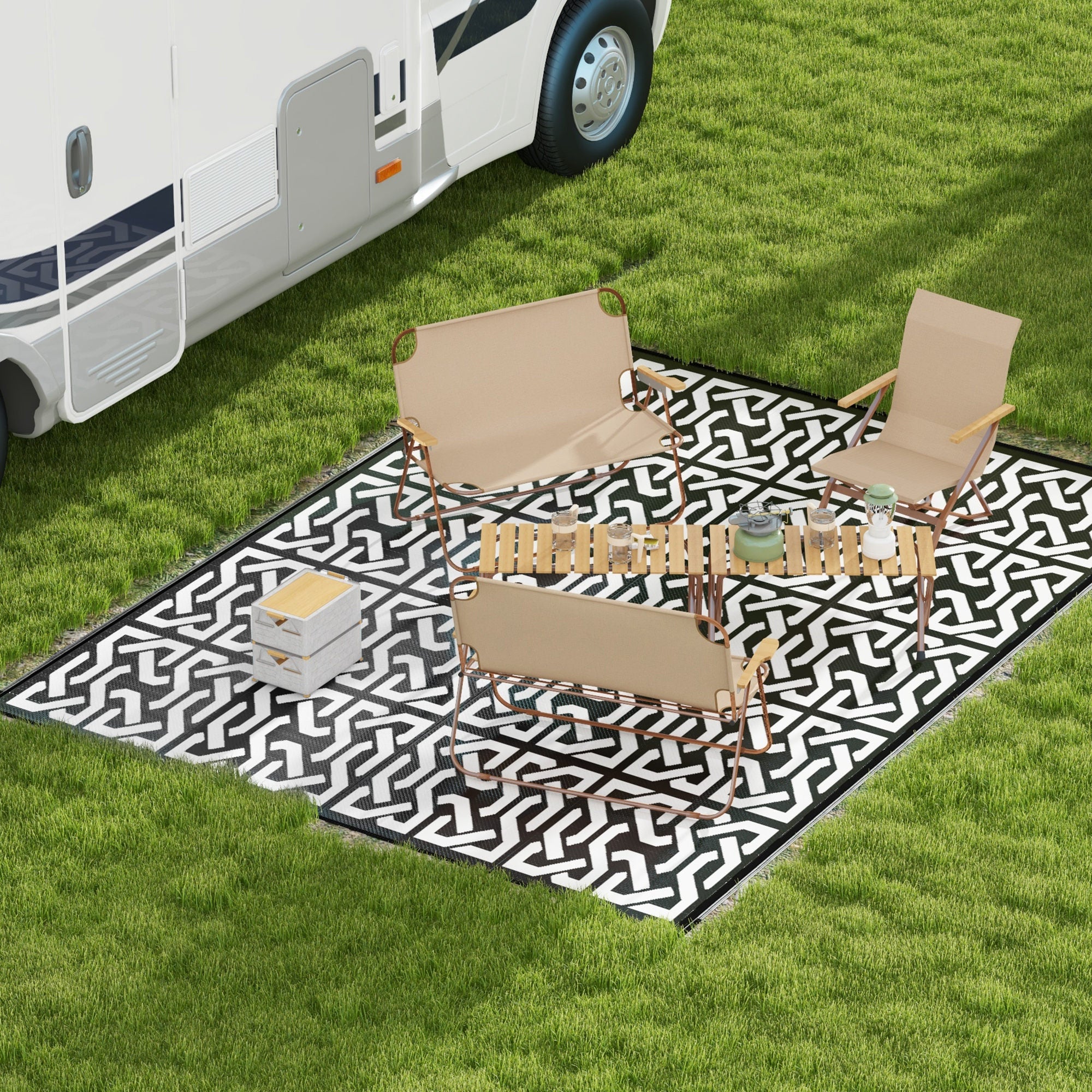 9' x 12' Reversible Outdoor Rug with Carry Bag, Black & White Chain Design - Image 4