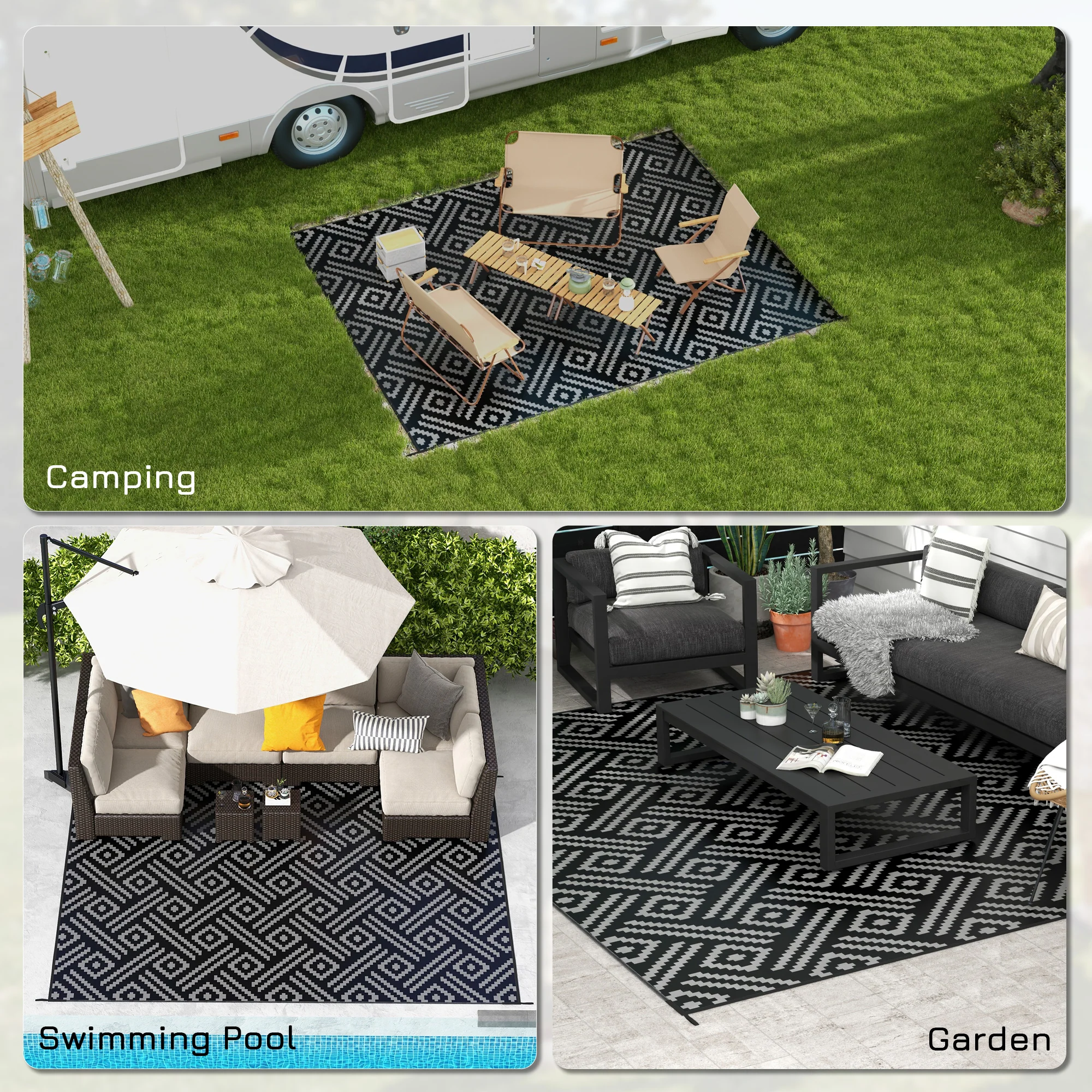 9' x 12' Reversible Camping Rug with Carry Bag, Black & Gray Geometric - Image 7