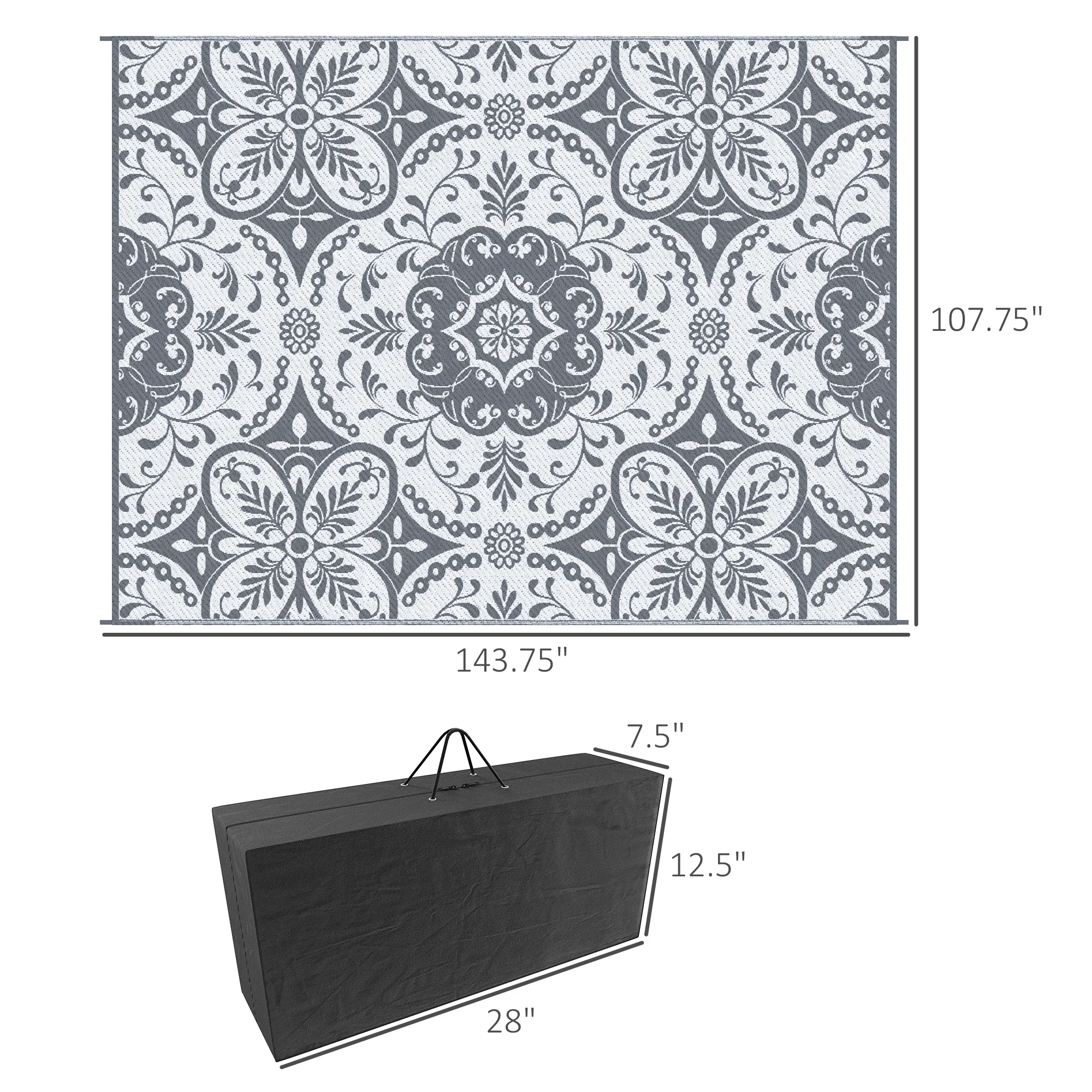 9' x 12' Reversible Waterproof Outdoor Rug, Portable Camping Mat Gray White Floral - Image 5