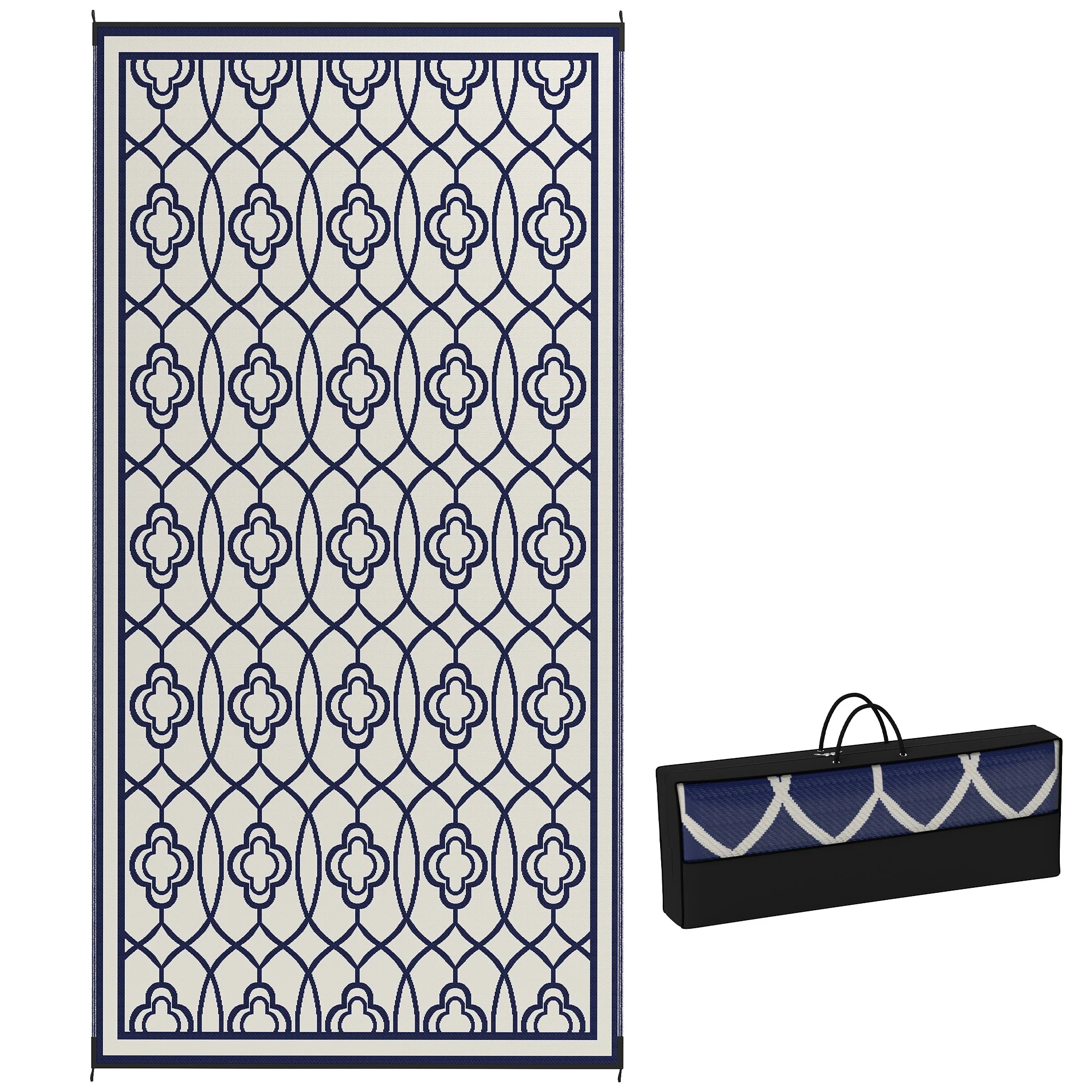 9' x 18' Reversible Waterproof Outdoor Rug, Blue & White Lantern