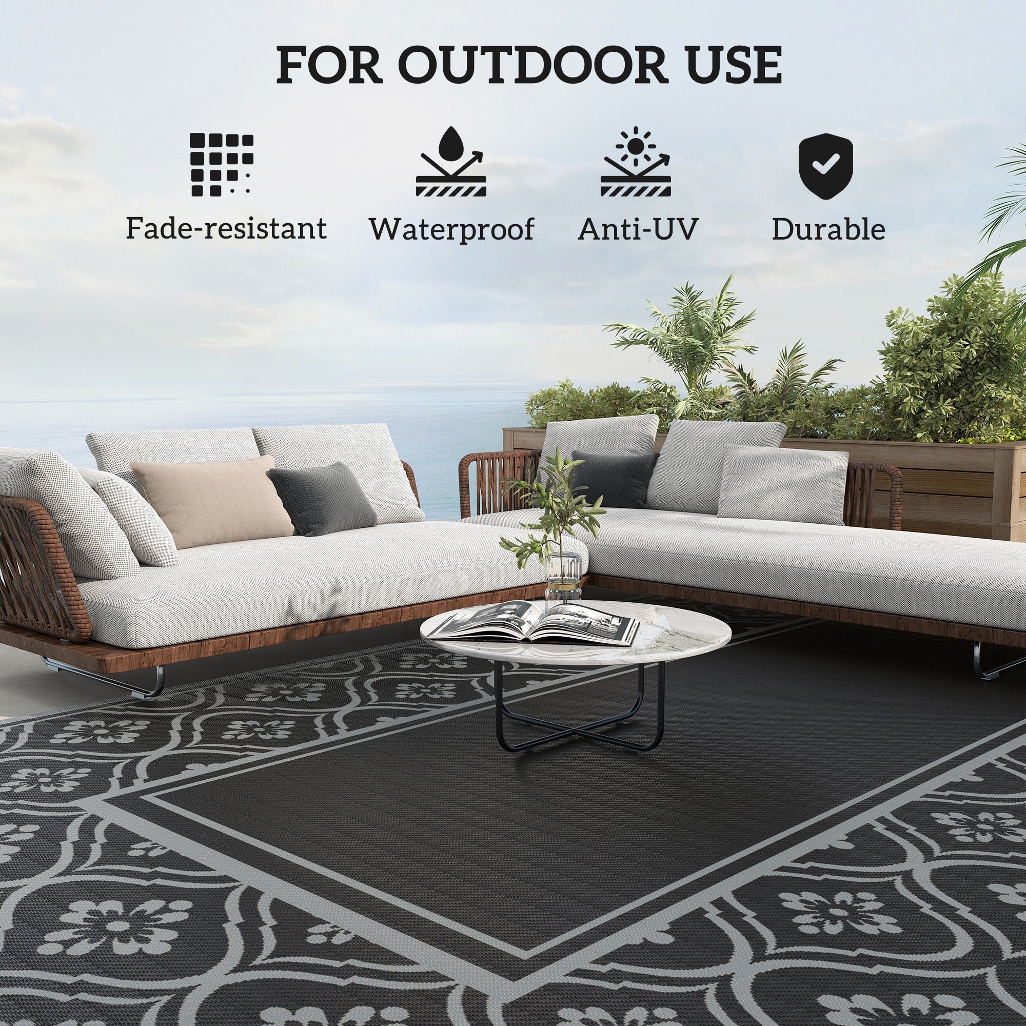 9' x 18' Reversible Waterproof Outdoor Rug with Carry Bag, Black & Gray Border - Image 8
