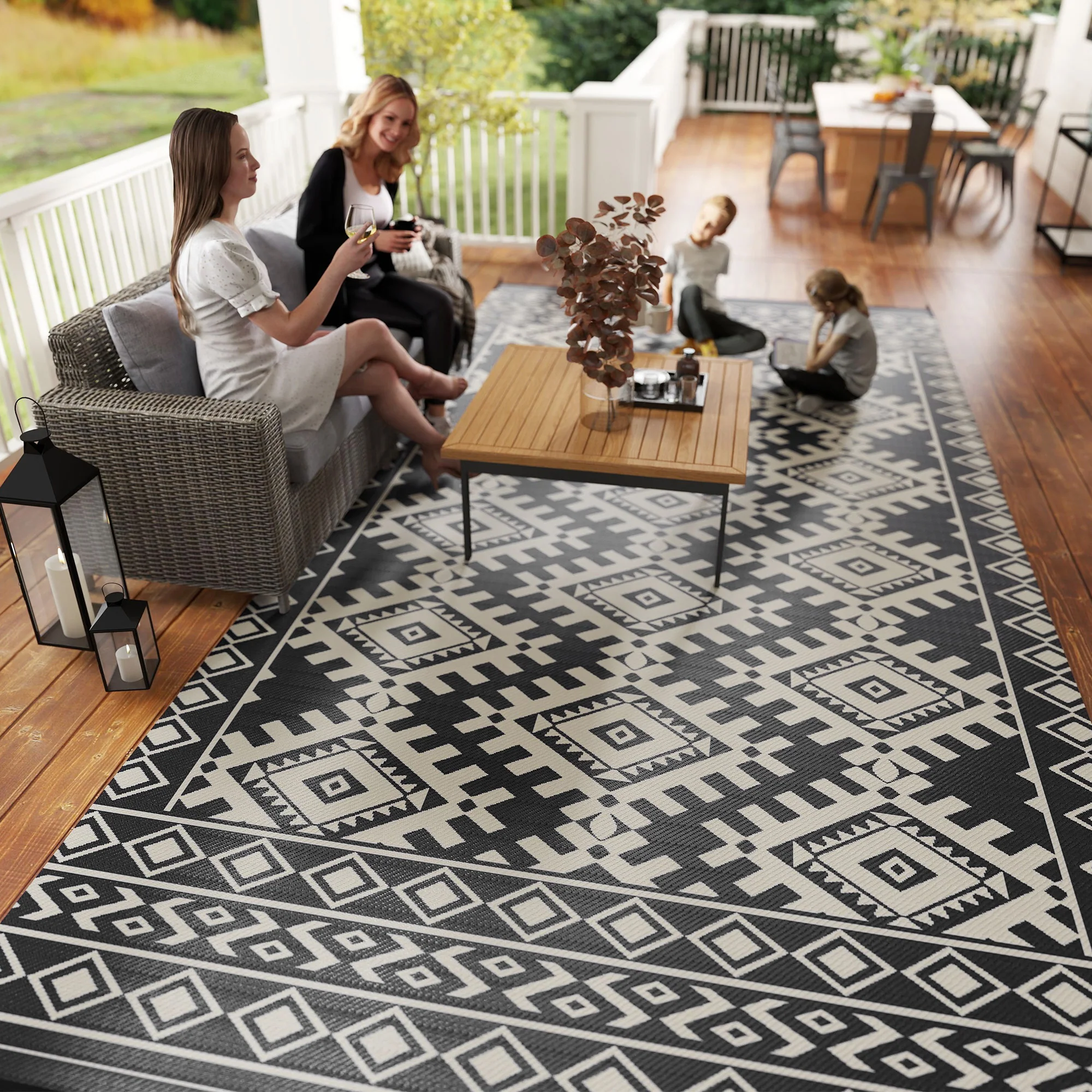 9' x 18' Reversible Outdoor Rug, Waterproof Plastic Straw with Carry Bag, Black & White Rhombus Border - Image 11