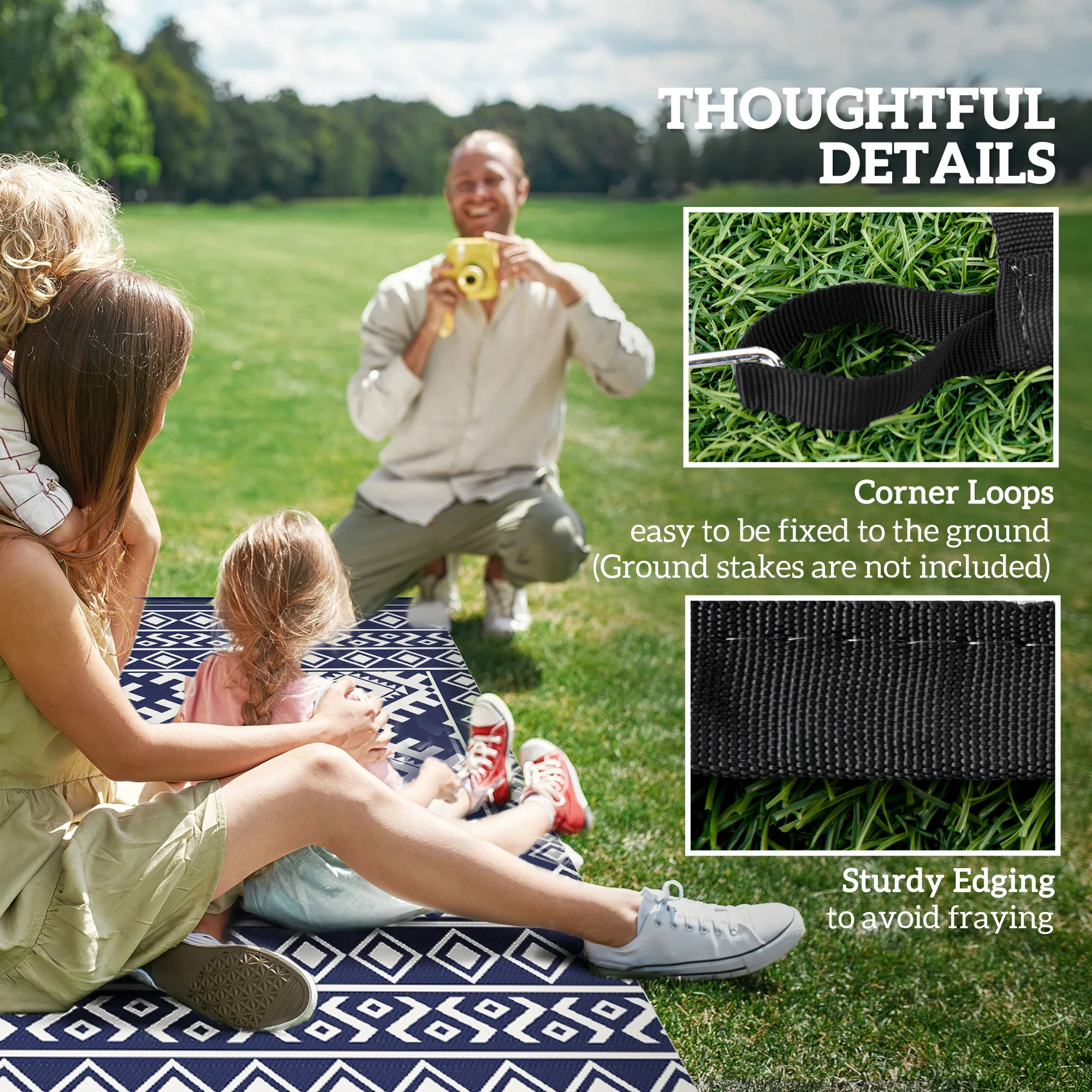 Reversible Outdoor Rug, 9' x 18' Waterproof Plastic Straw Floor Mat, Portable RV Camping Carpet, Large Floor Mat for Backyard, Deck, Picnic, Beach, Blue & White Rhombus Border - Image 10