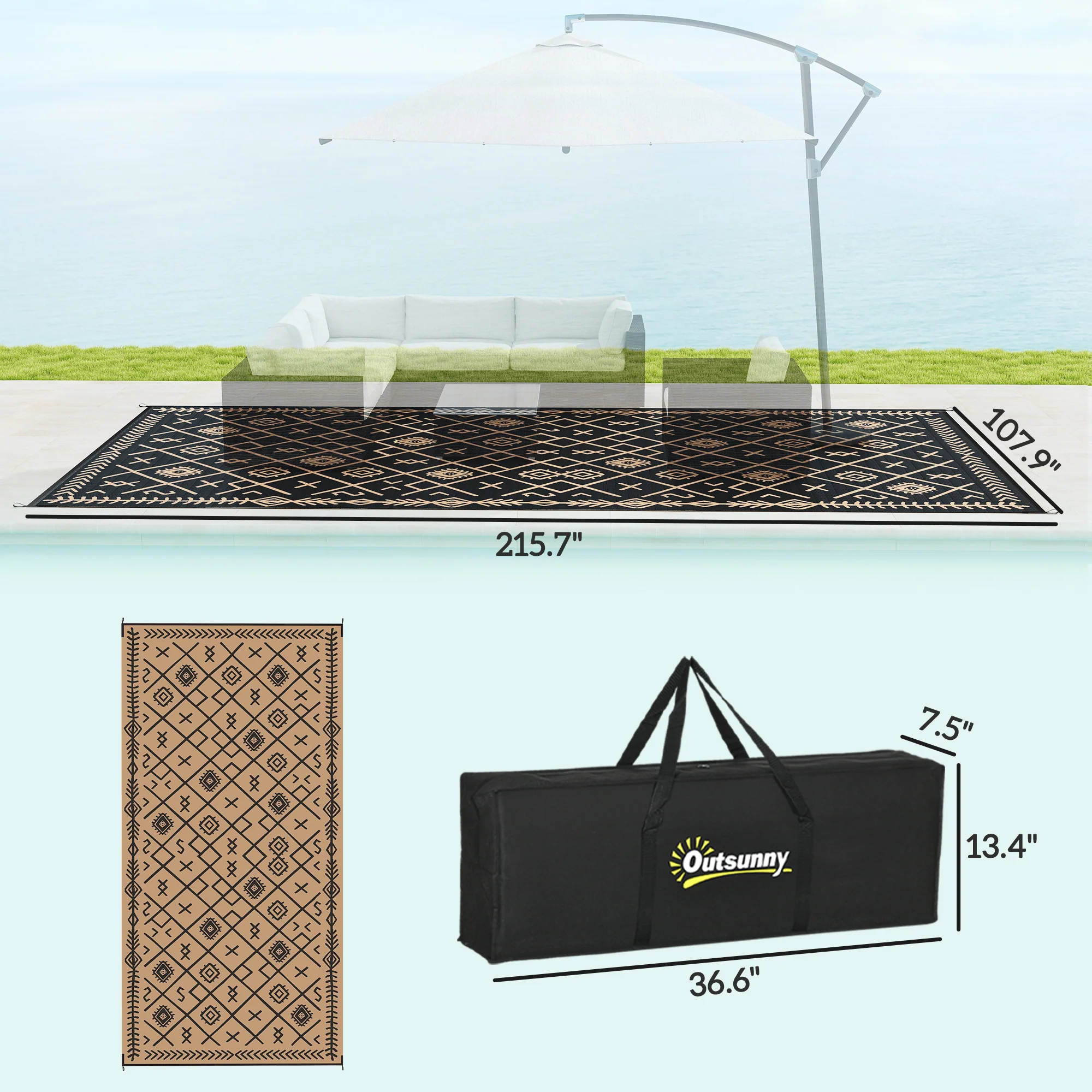 9' x 18' Reversible Outdoor Rug, Waterproof Plastic Straw, Black & Brown Rhombus Pattern - Image 5