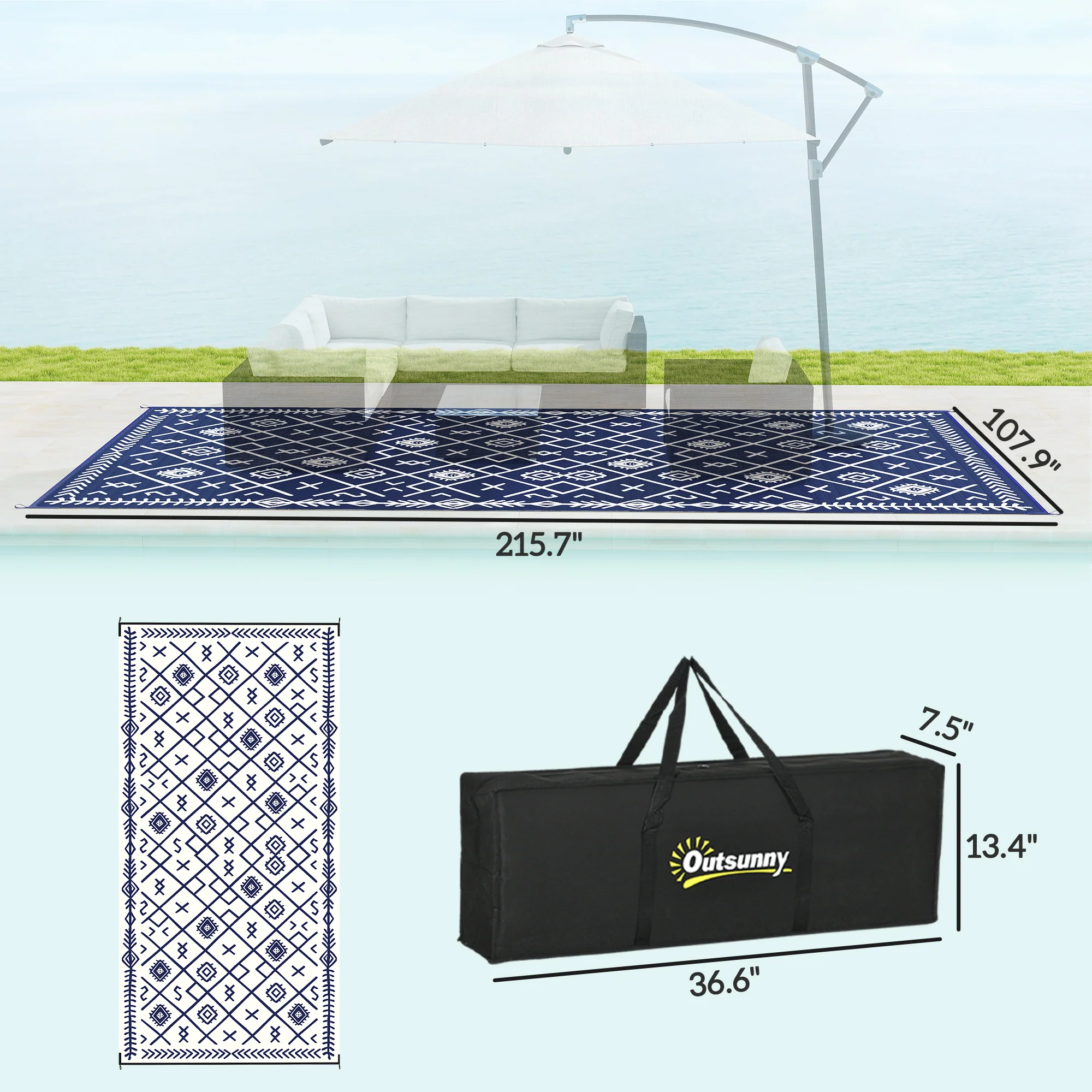 9' x18' Reversible Waterproof Plastic Straw Rug, Blue & White Rhombus Pattern - Image 5