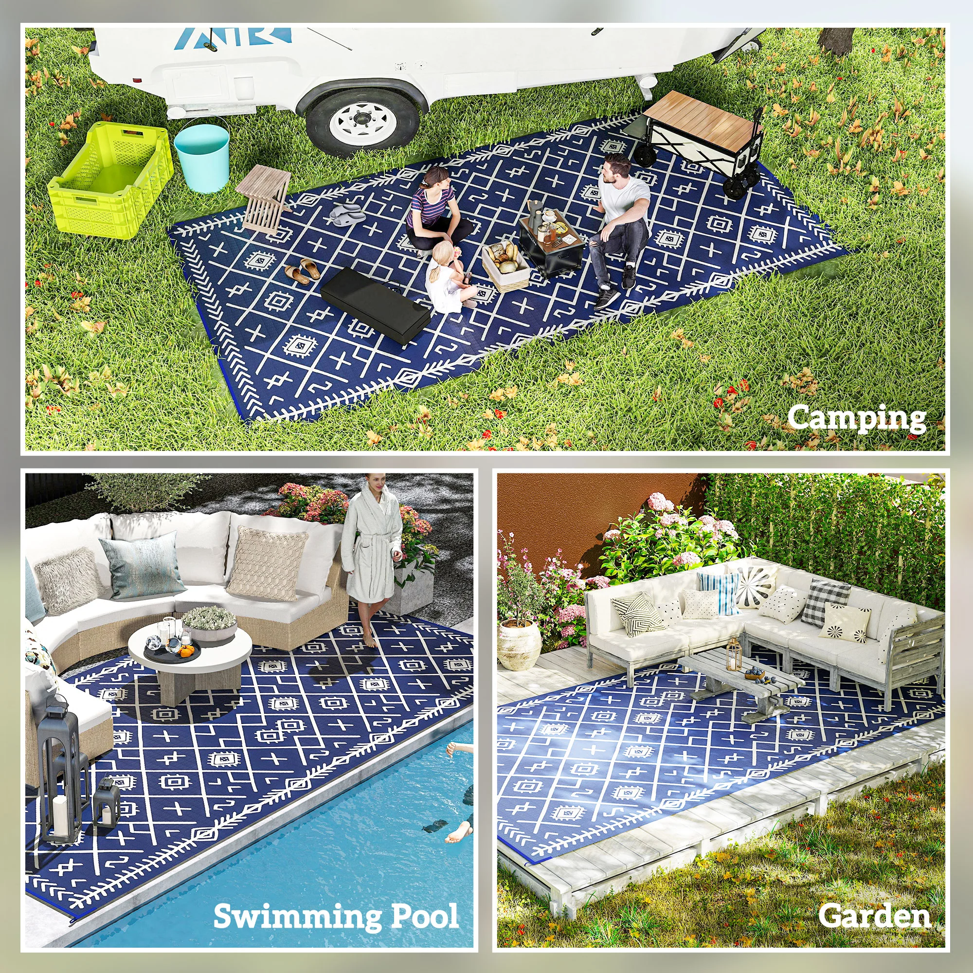 9' x18' Reversible Waterproof Plastic Straw Rug, Blue & White Rhombus Pattern - Image 7