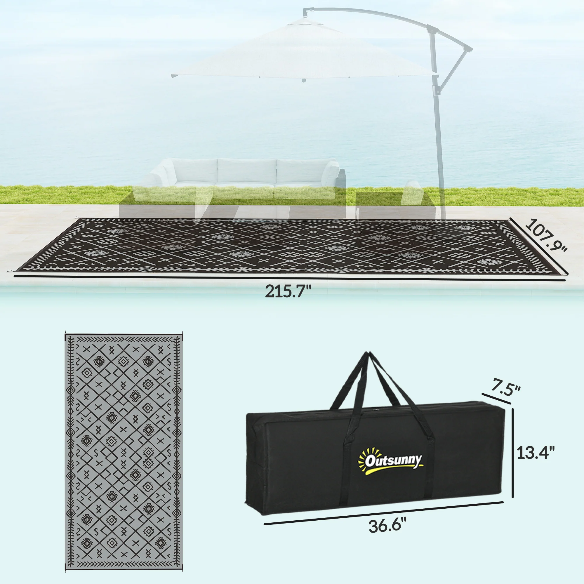 9' x 18' Reversible Waterproof Outdoor Rug, Black & Gray Rhombus - Image 5
