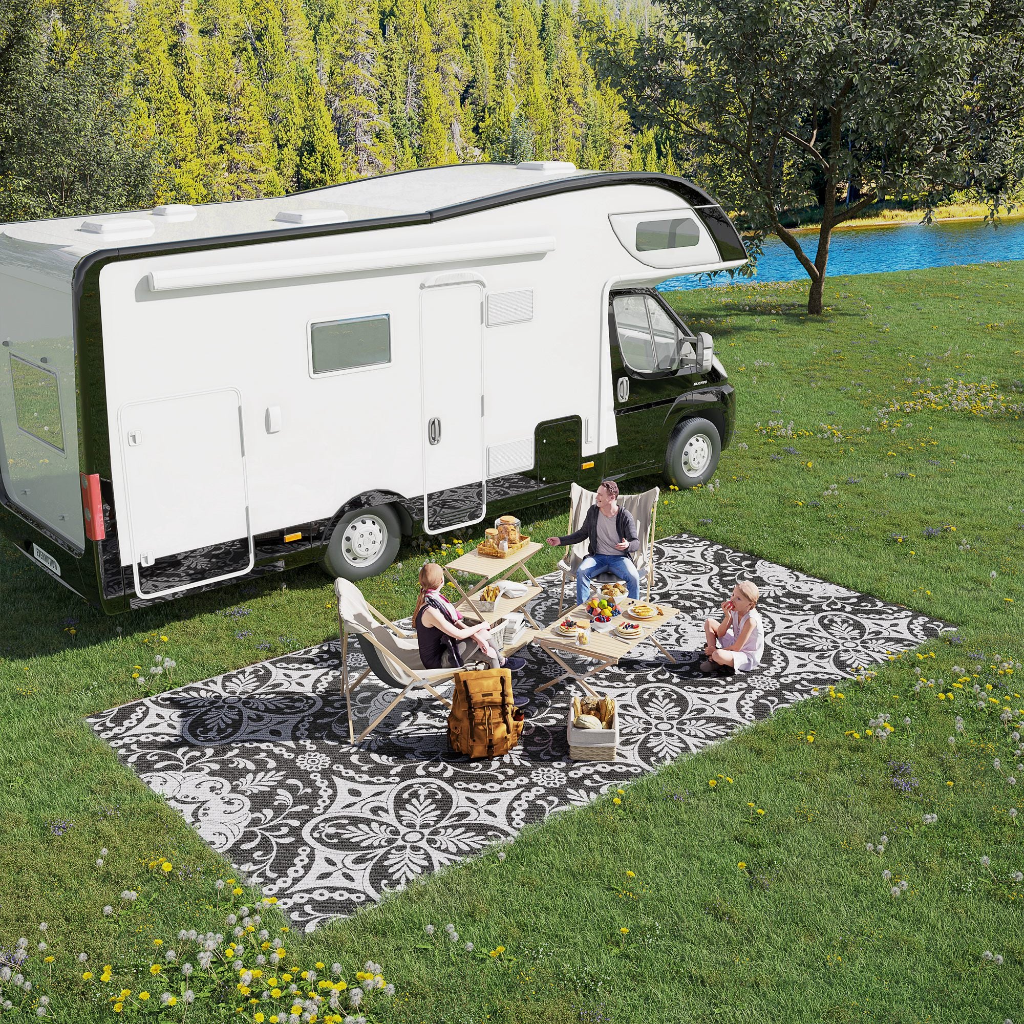 9' x 18' Reversible Waterproof Floor Mat, Portable Rug for Camping, Beach, Gray & White Floral - Image 3