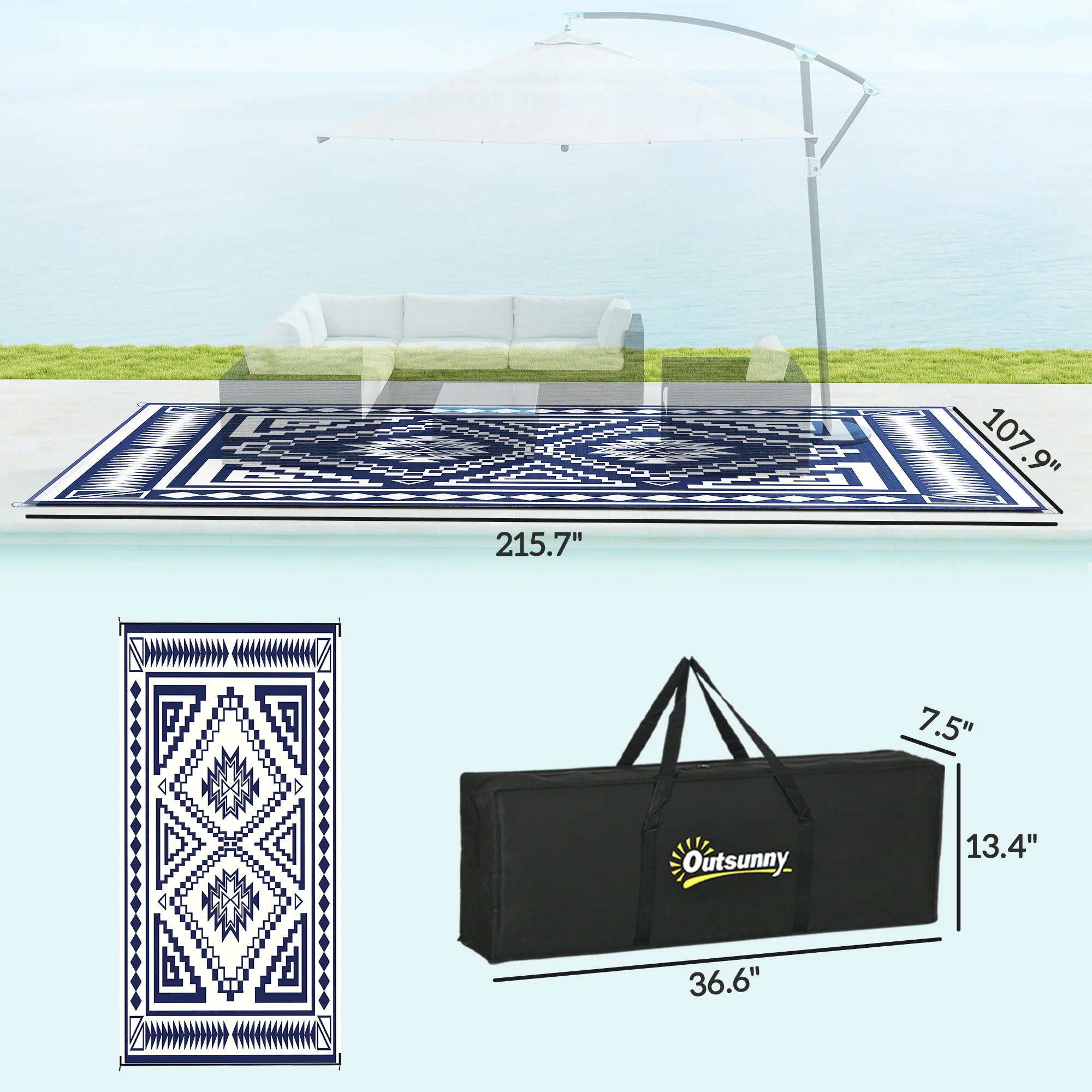 9' x 18' Reversible Waterproof Outdoor Rug with Carry Bag, Blue & White Square Patchwork Design - Image 5