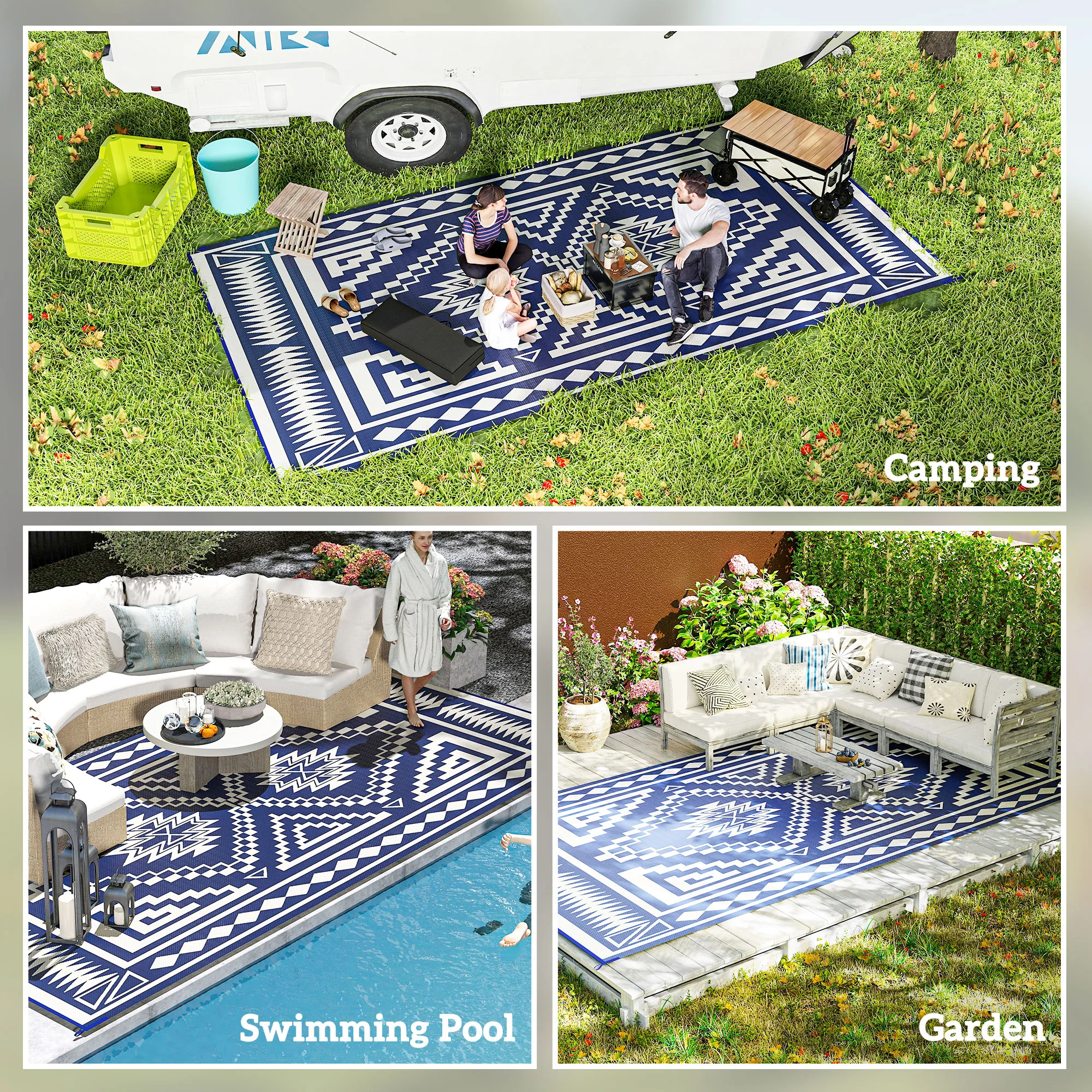 9' x 18' Reversible Waterproof Outdoor Rug with Carry Bag, Blue & White Square Patchwork Design - Image 7