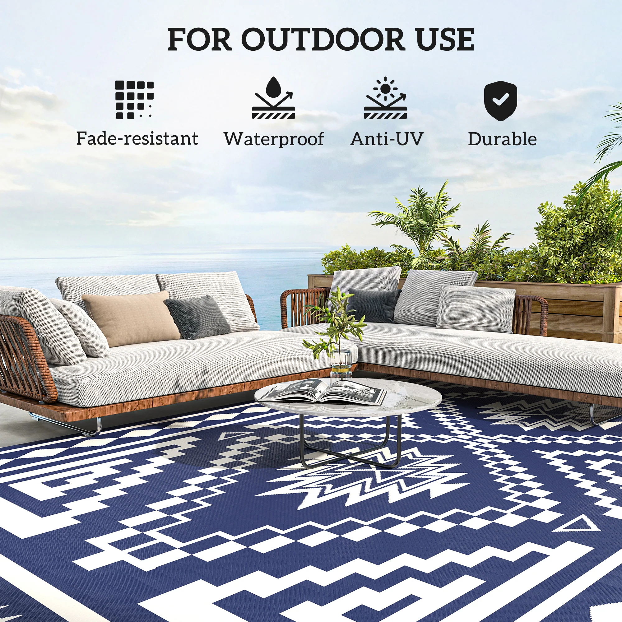 9' x 18' Reversible Waterproof Outdoor Rug with Carry Bag, Blue & White Square Patchwork Design - Image 8