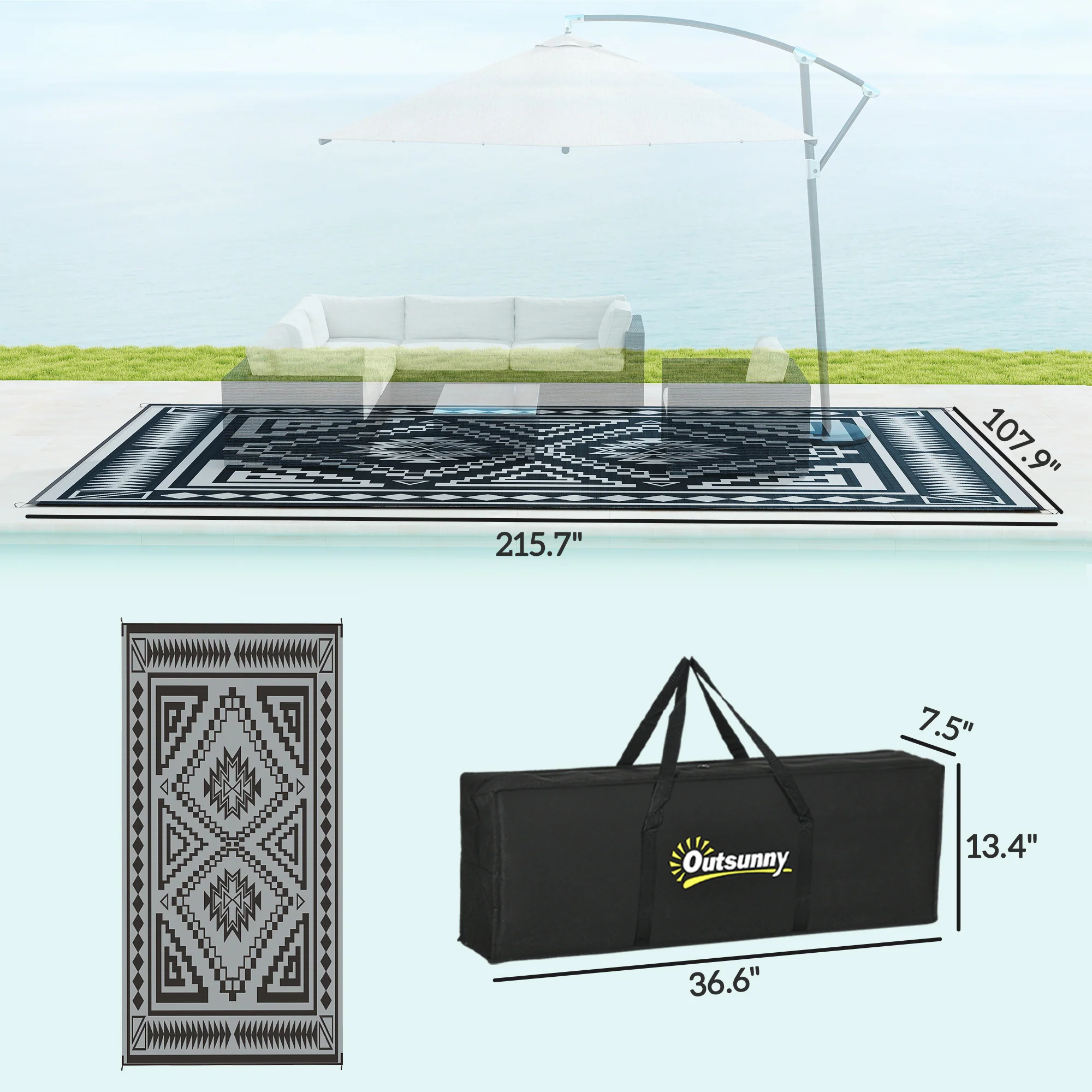 9' x 18' Reversible Waterproof Outdoor Rug with Carry Bag, Black & Gray Square Patchwork - Image 5