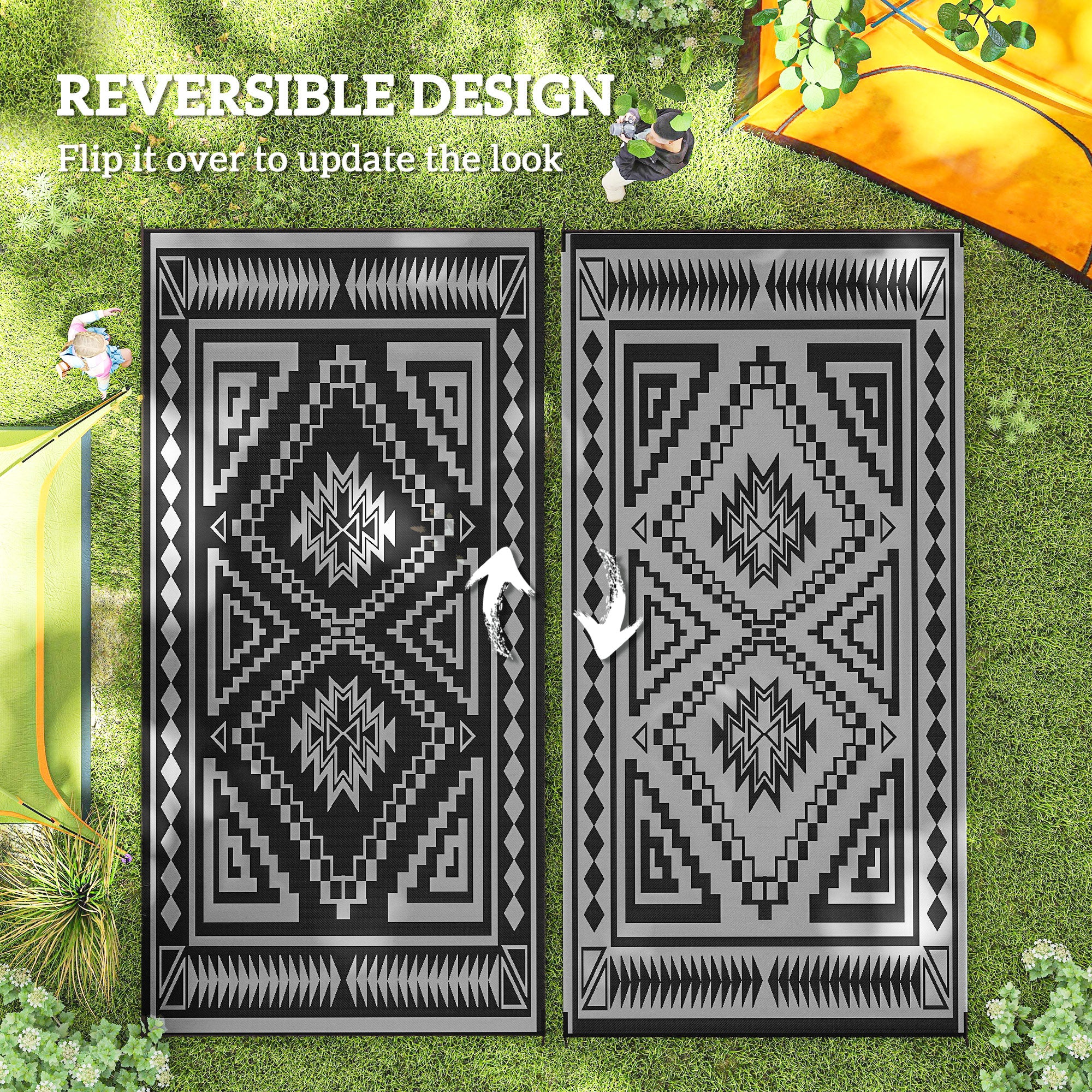 9' x 18' Reversible Waterproof Outdoor Rug with Carry Bag, Black & Gray Square Patchwork - Image 9