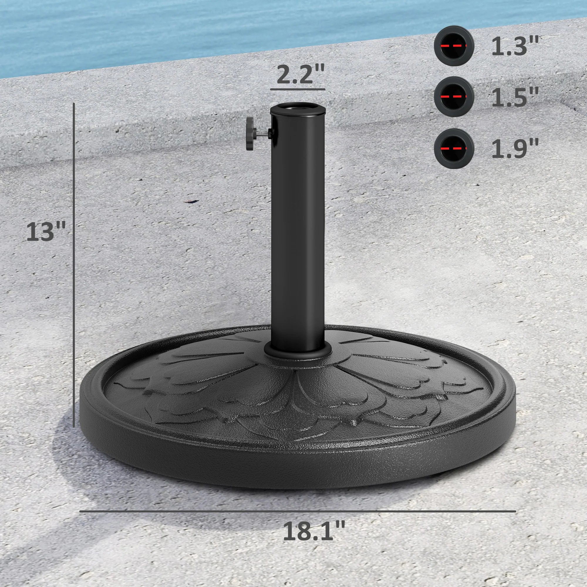 Round Patio Umbrella Base, 26 lbs Resin Outdoor Umbrella Stand Base, Patio Umbrella Stand for 1.3"/1.5"/1.9" Umbrella Poles for Outdoor, Lawn, Poolside, Black - Image 5