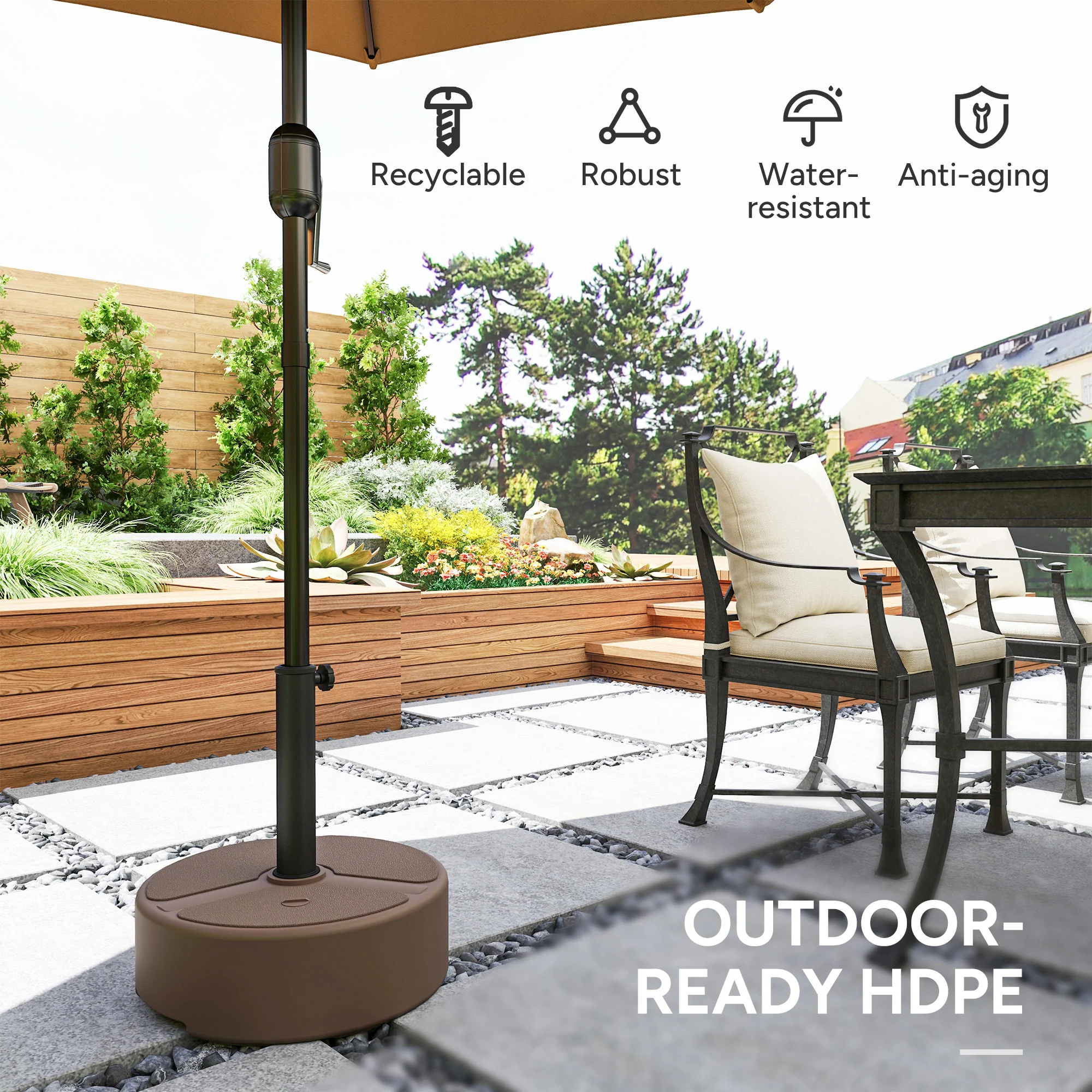 Round Patio Umbrella Base Holder, Heavy Duty Outdoor Umbrella Stand Base, Filled Up to 44lbs with Stand or 40lbs with Water for Garden, Poolside, Brown - Image 8