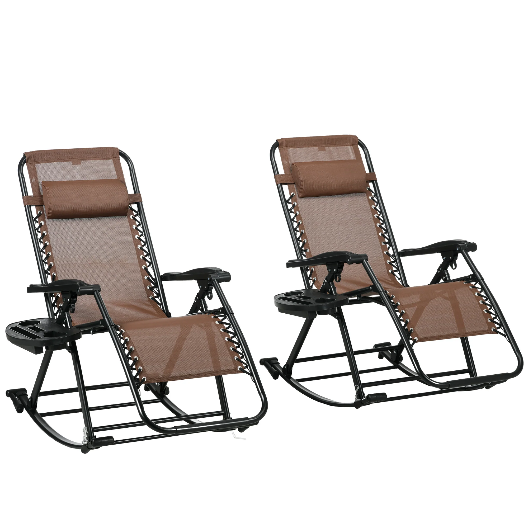 Set of 2 Foldable Reclining Zero Gravity Lounge Rockers w/ Pillow, Cup Holder, Brown - Image 12