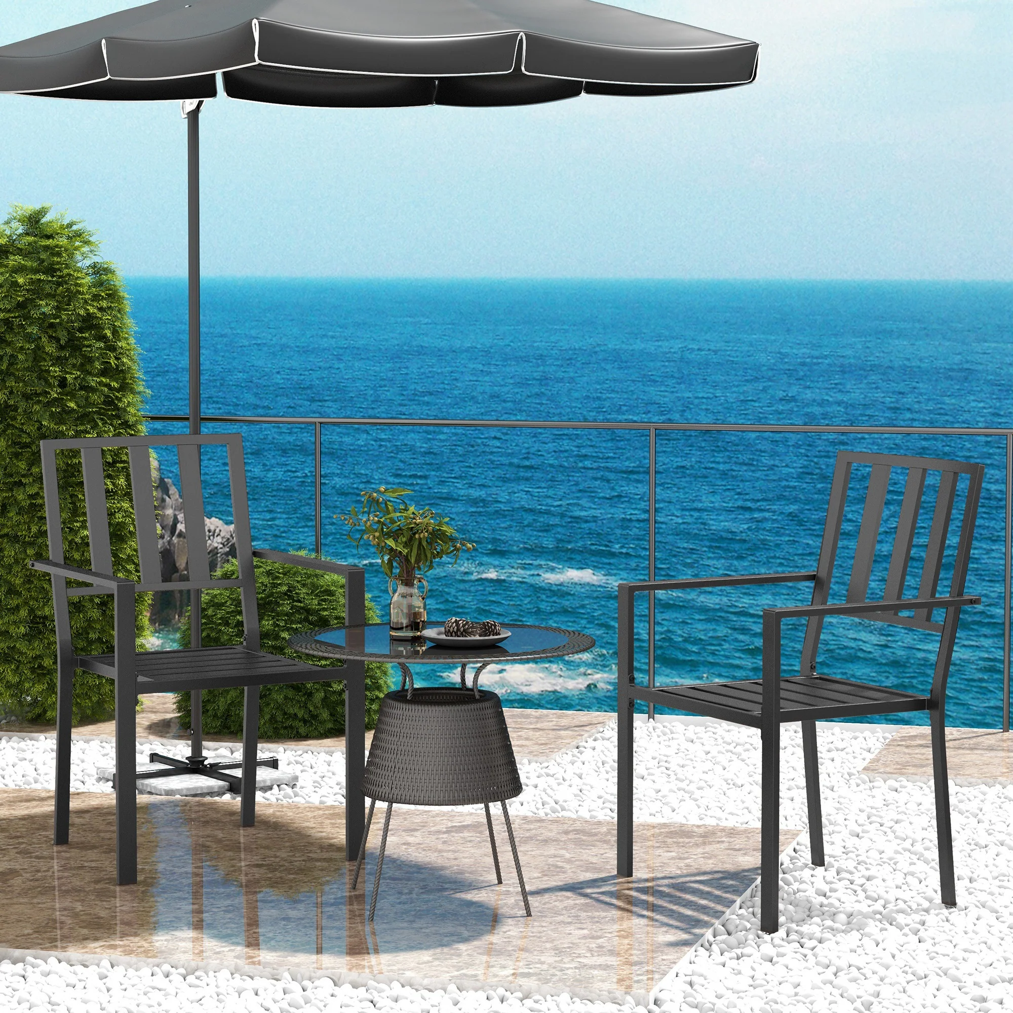Set of 2 Metal Slatted Patio Dining Chairs, for Yard, Garden, Black - Image 3