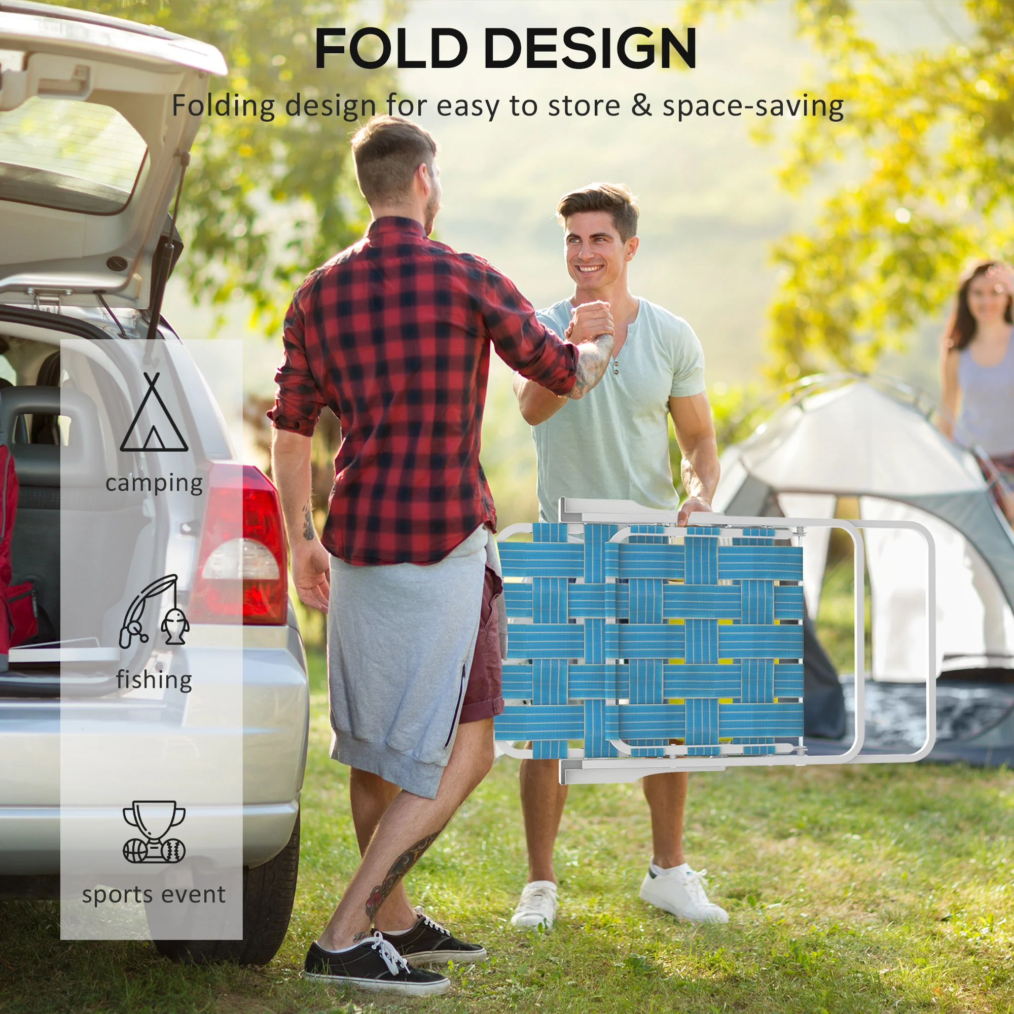 Set of 2 Classic Outdoor Camping Chairs, Portable Lawn Chairs w/ Armrests, Blue - Image 7