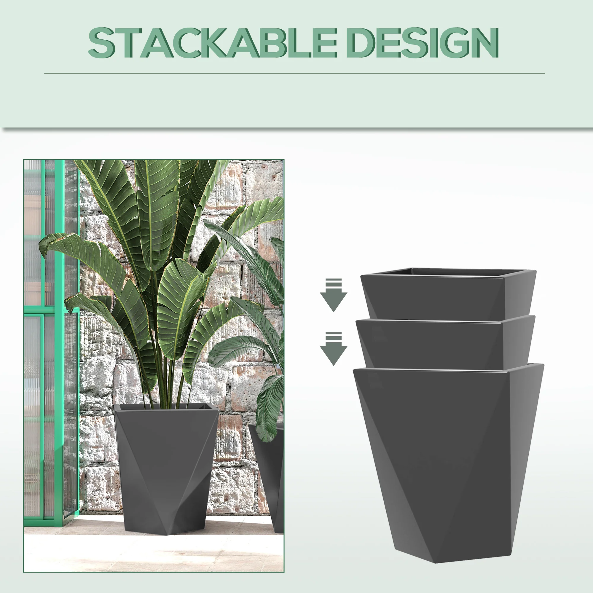 Set of 3 Tall Planters, 18", 15.25", 11.75", MgO Indoor Outdoor Planters with Drainage Holes, Stackable Flower Pots for Garden, Patio, Balcony, Front Door, Gray - Image 7
