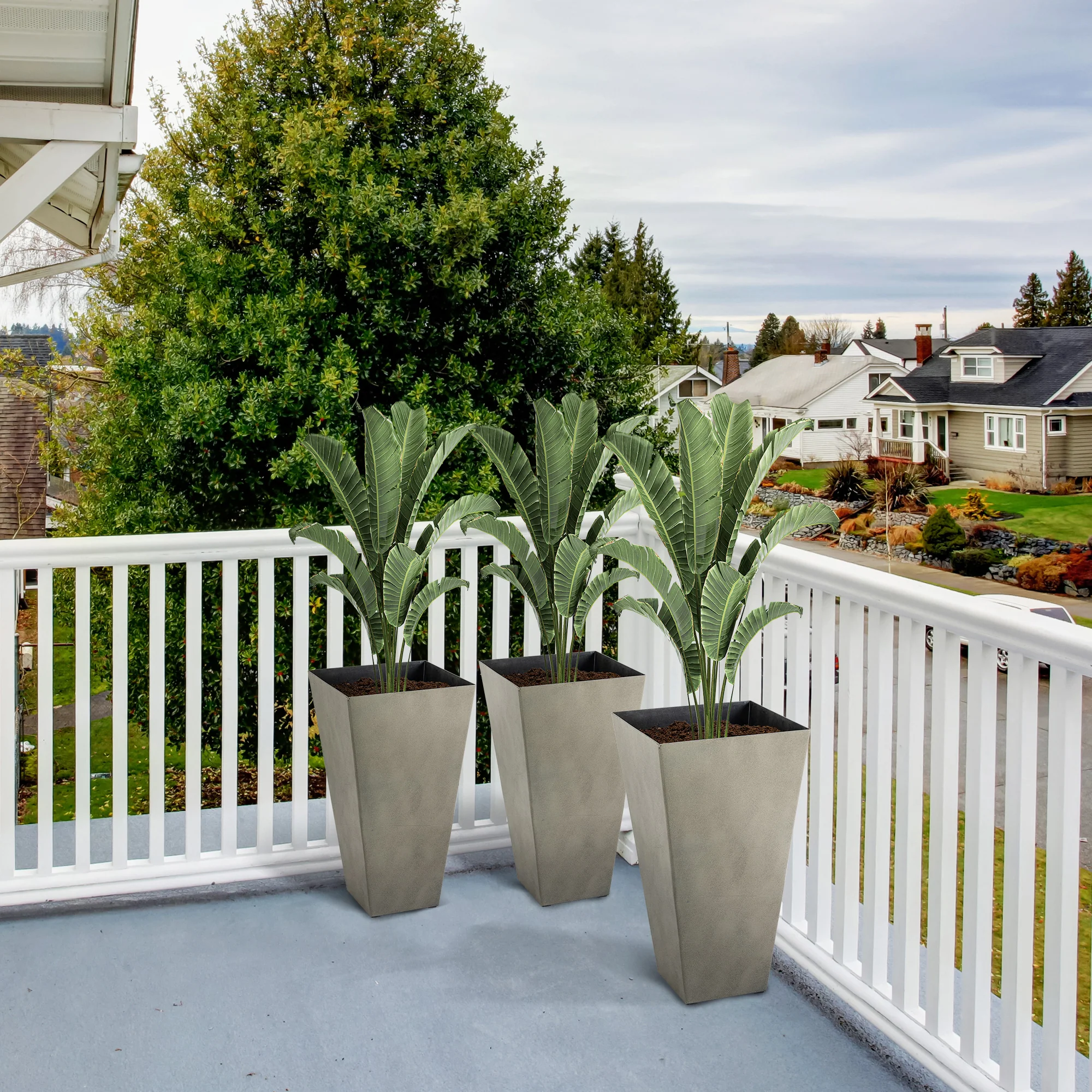 Set of 3 Tall Planters with Drainage Hole, 28" Outdoor Flower Plant Pots, Indoor Planters for Porch Patio and Deck, Gray - Image 4