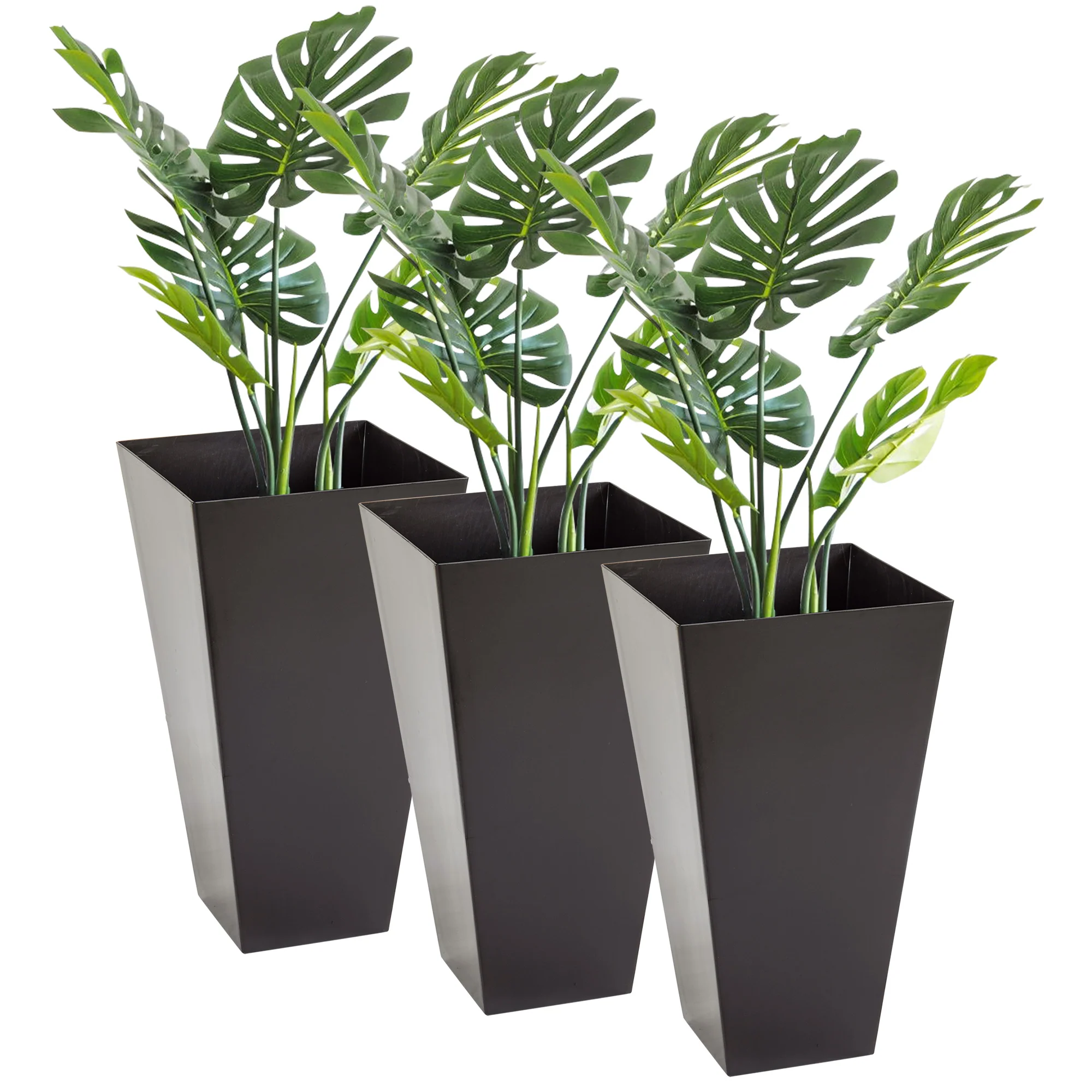 Set of 3 Tall Planters with Drainage Hole, 28" Outdoor Flower Plant Pots, Indoor Planters for Porch Patio and Deck, Brown - Image 2
