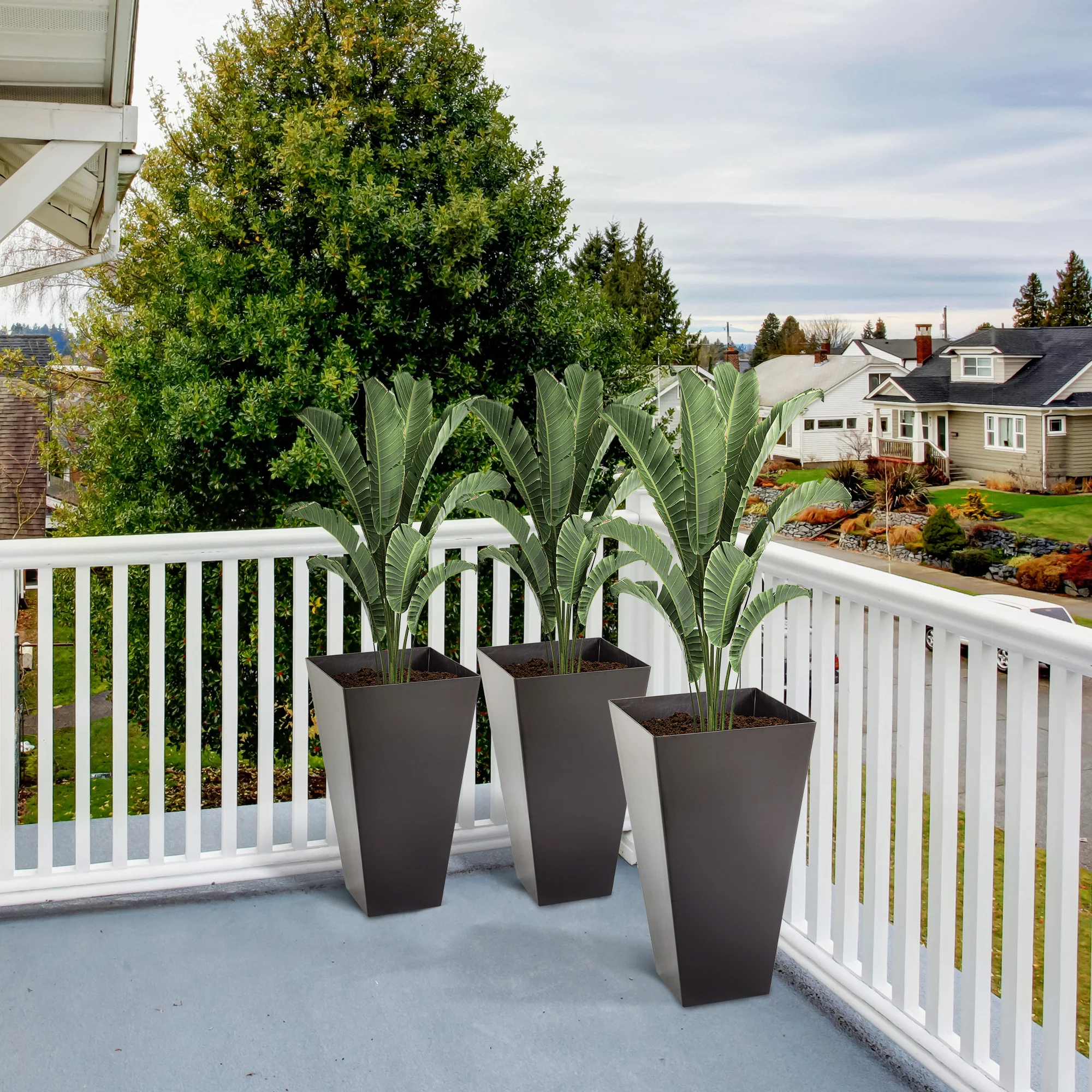 Set of 3 Tall Planters with Drainage Hole, 28" Outdoor Flower Plant Pots, Indoor Planters for Porch Patio and Deck, Brown - Image 4