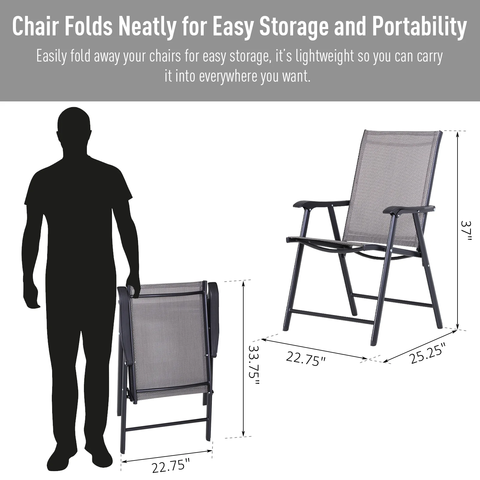 Set of 4 Stackable Outdoor Folding Chairs with Armrests, Metal Frame, Gray - Image 8