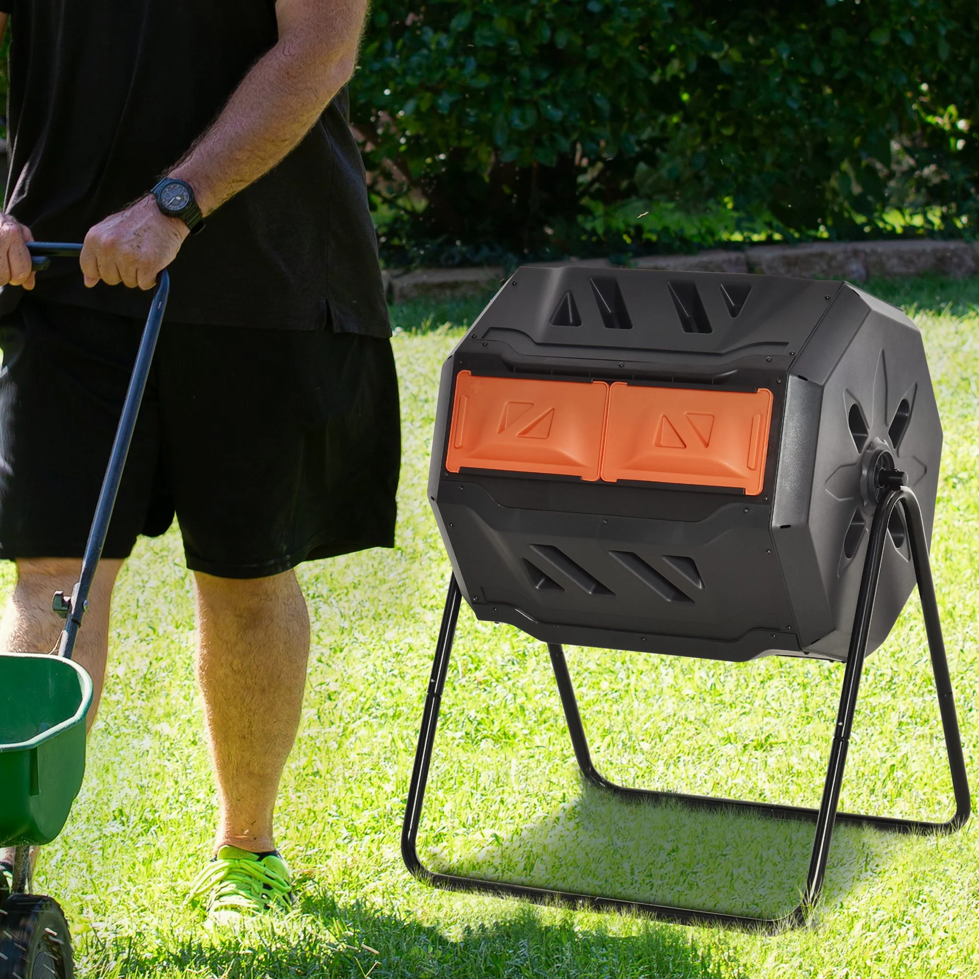 Tumbling Compost Bin Outdoor 360 Degrees Dual Chamber Rotating Composter 43 Gallon, Orange - Image 10