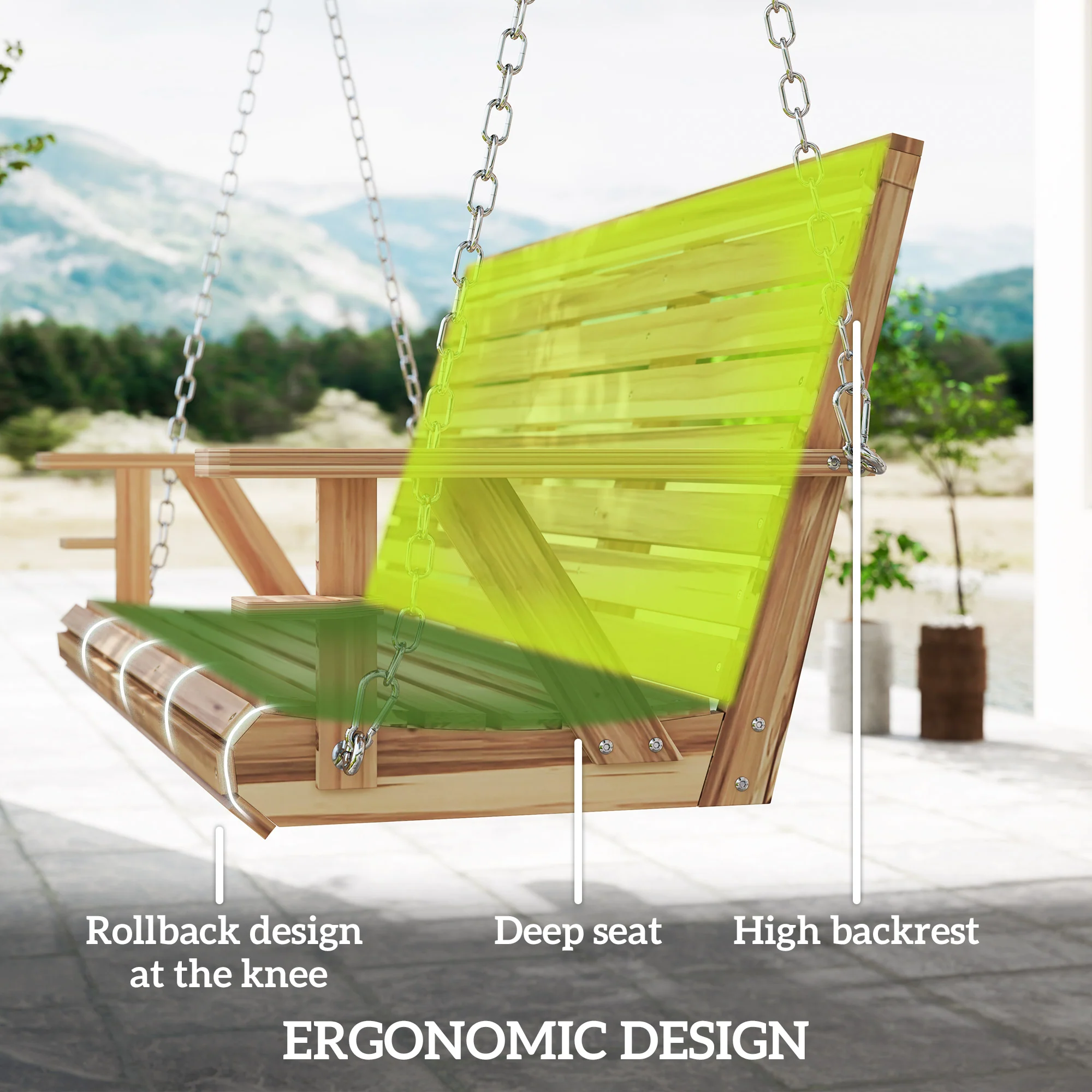 3-Seater Swing Bench with Cupholders, Hanging Chains for Patio & Garden, Nature Wood - Image 8