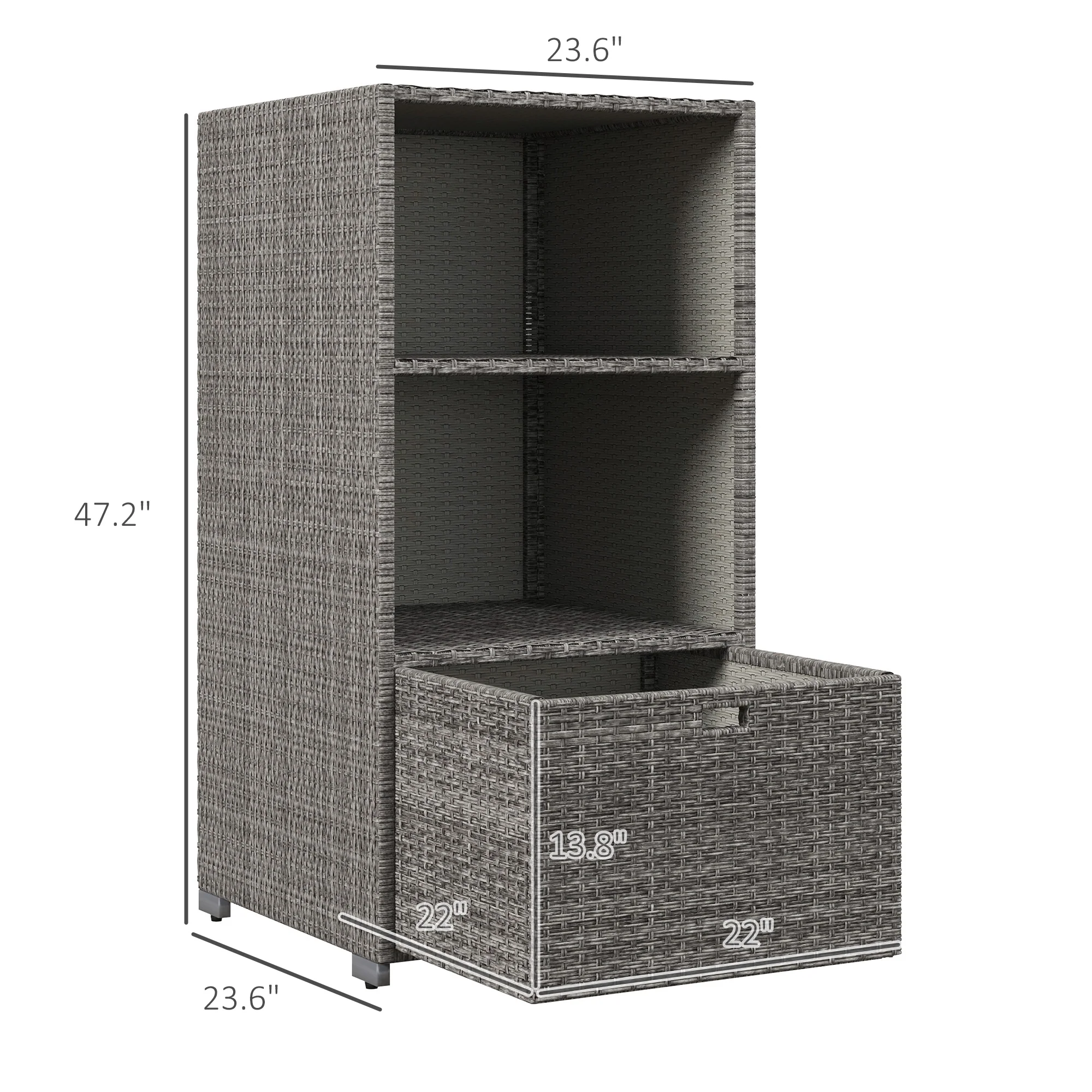 Waterproof PE Plastic Rattan Poolside Towel Storage, 2 Shelves, 1 Basket Drawer, Mixed Gray - Image 5