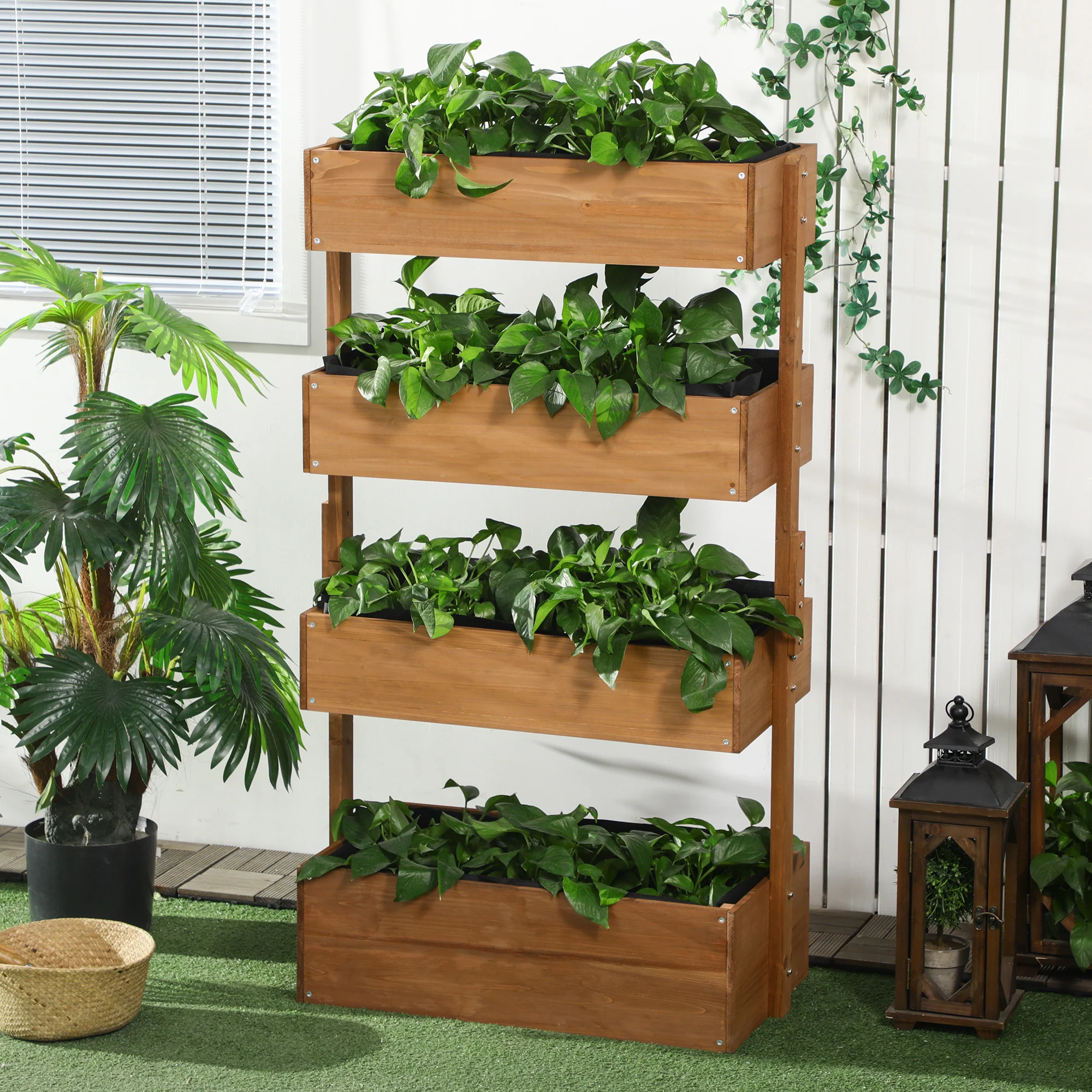 Vertical Garden Planter, Wooden 4 Tier Planter Box, Self-Draining with Non-Woven Fabric for Outdoor Flowers, Vegetables and Herbs, Orange - Image 3