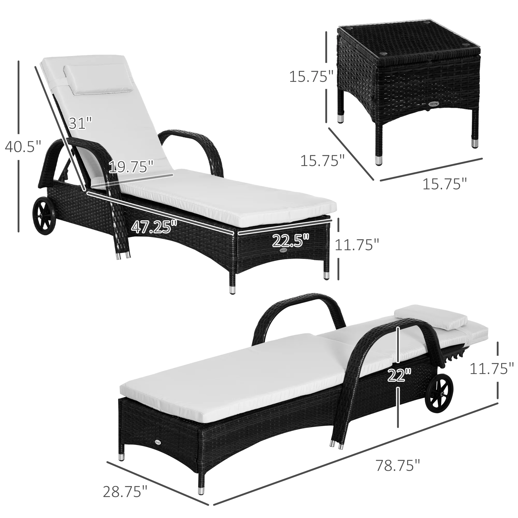 3-Piece Patio Chaise Lounge Chair with Table, 5-Level Adjustable Backrest & Wheels, Black - Image 5