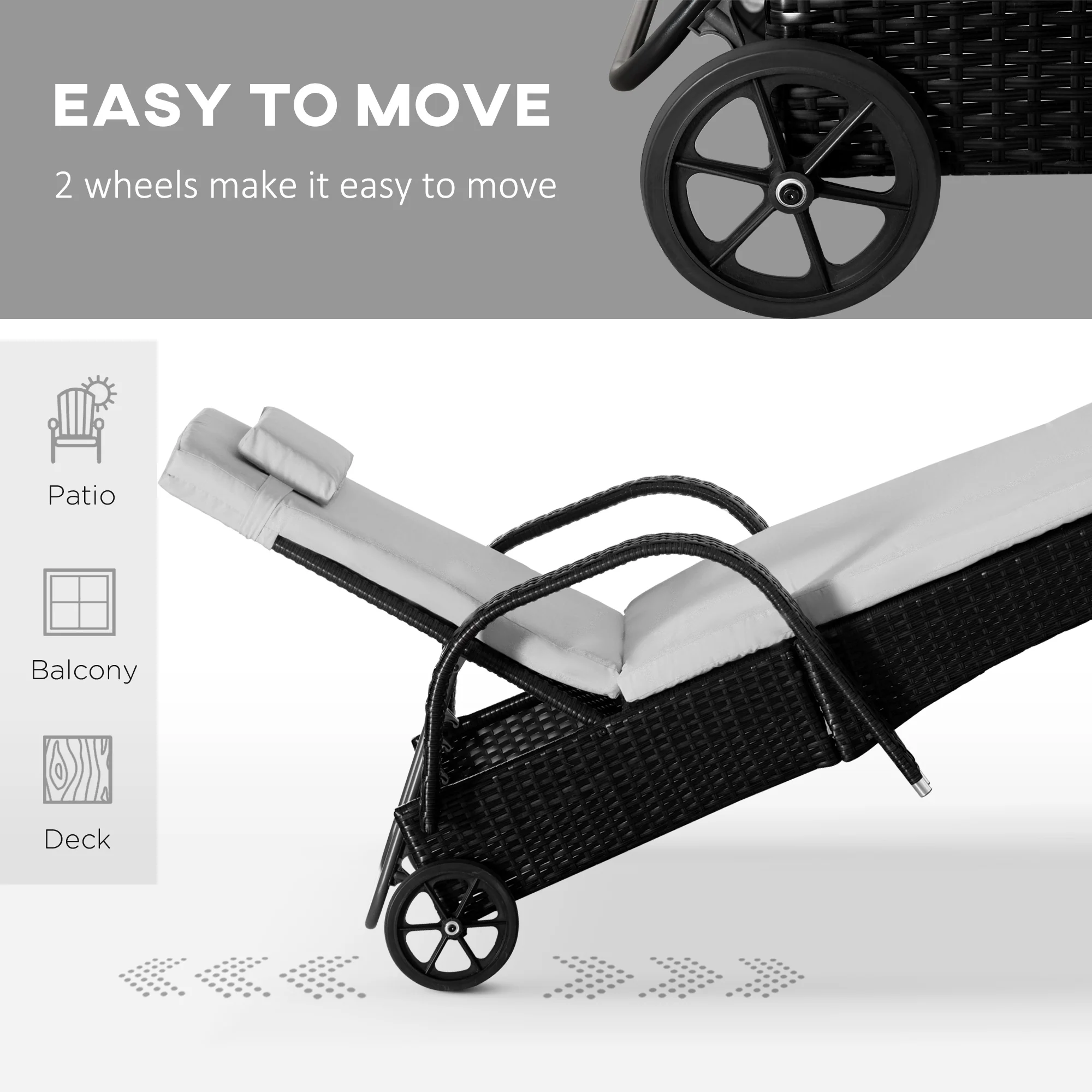 3-Piece Patio Chaise Lounge Chair with Table, 5-Level Adjustable Backrest & Wheels, Black - Image 8
