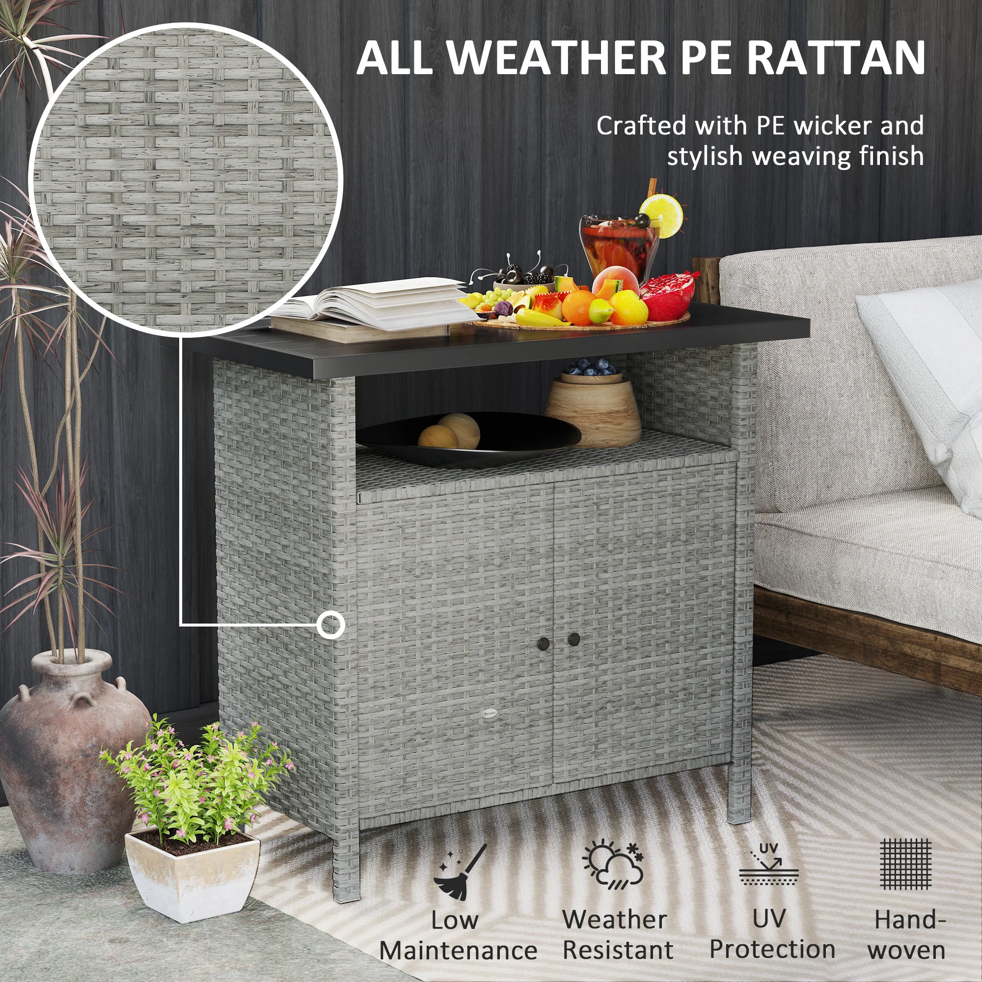 Wicker Outdoor Storage Cabinet with Shelf, Garden Buffet Cabinet Sideboard, Gray - Image 7