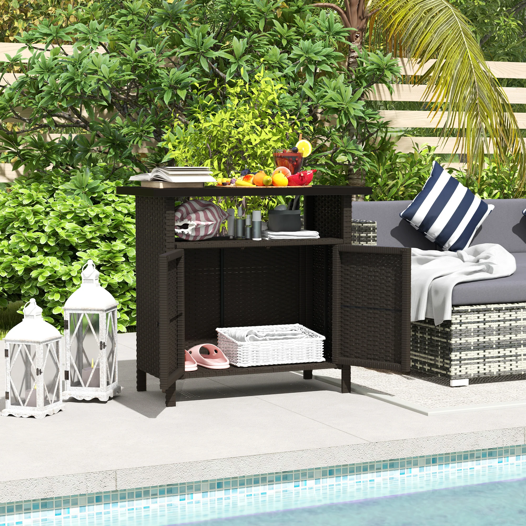 Rattan Outdoor Bar Table with Shelf and Metal Slatted Countertop, Dark Coffee - Image 3