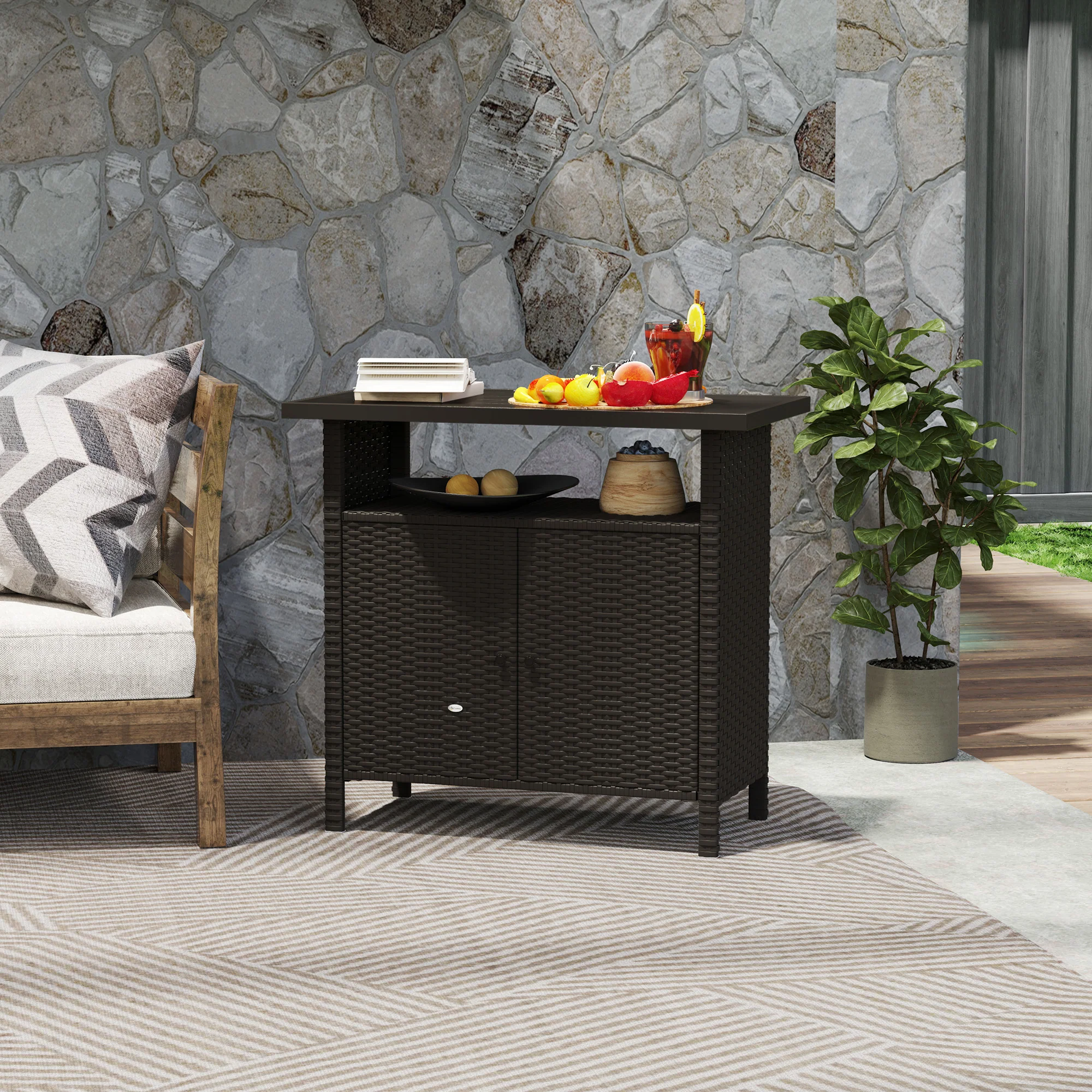 Rattan Outdoor Bar Table with Shelf and Metal Slatted Countertop, Dark Coffee - Image 4