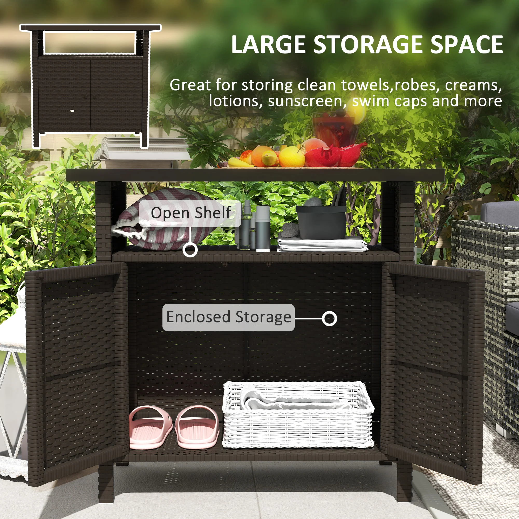 Rattan Outdoor Bar Table with Shelf and Metal Slatted Countertop, Dark Coffee - Image 6