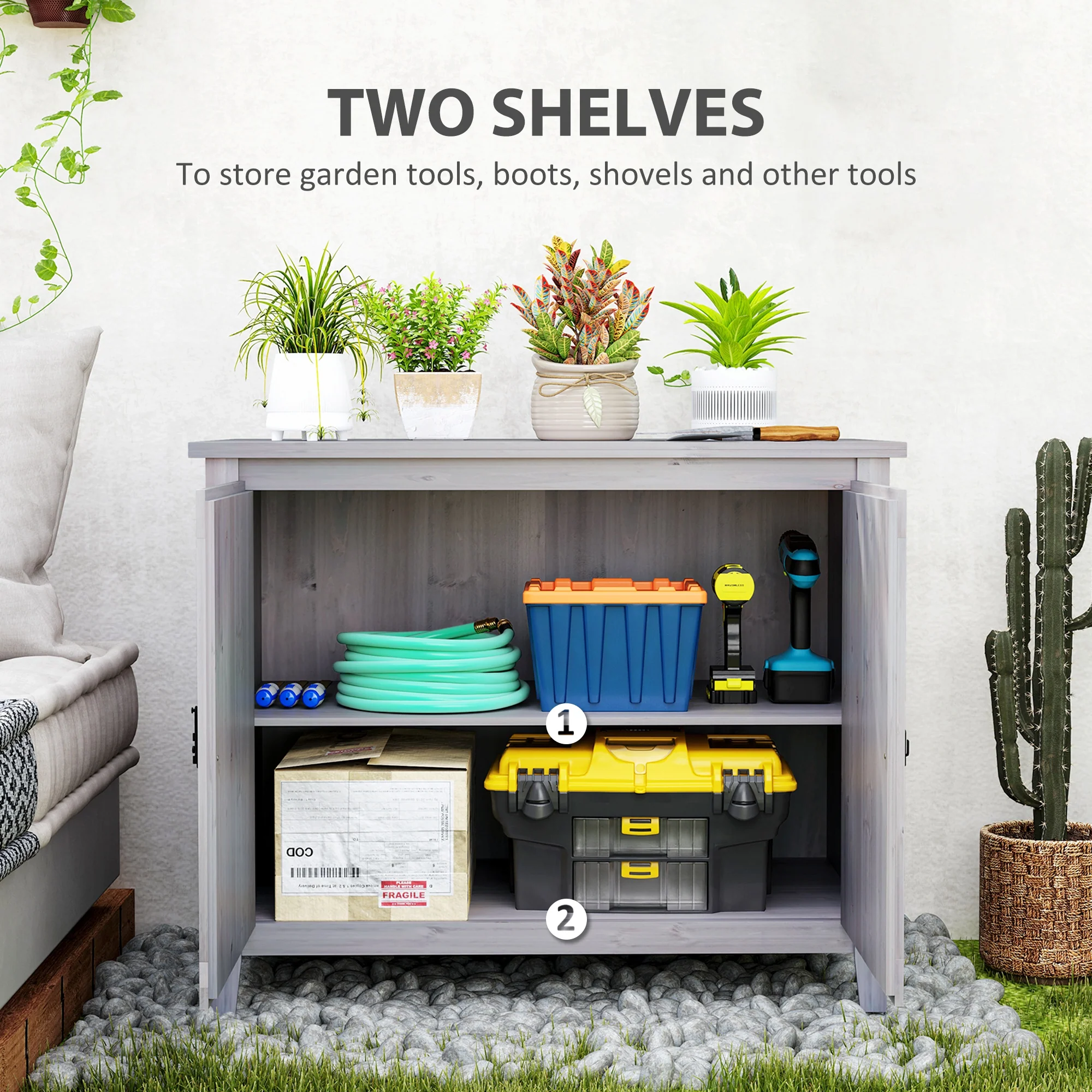 Wooden Storage Cabinet with Shelf & Double Doors for Backyard, Patio, Light Gray - Image 6