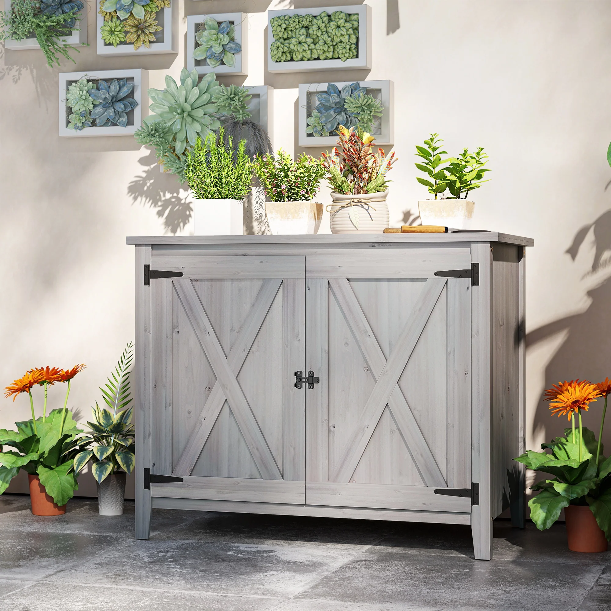 Wooden Storage Cabinet with Shelf & Double Doors for Backyard, Patio, Light Gray - Image 8