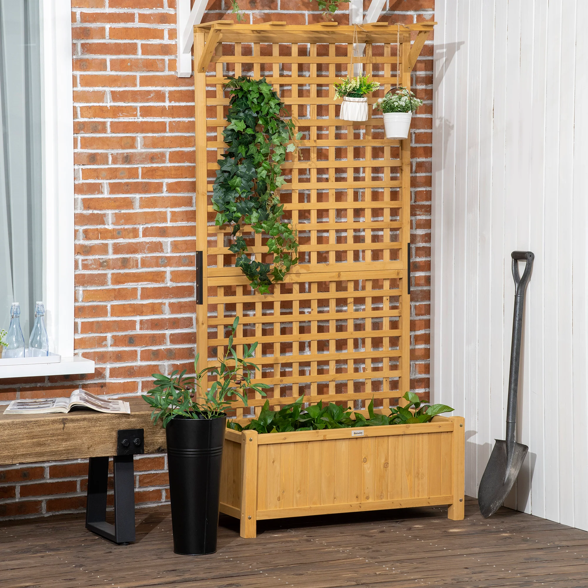 Wood Planter with Trellis, Raised Garden Bed for Climbing Plants w/ Drainage Holes and Roof, 35.5" x 17.75" x 72", Yellow - Image 10