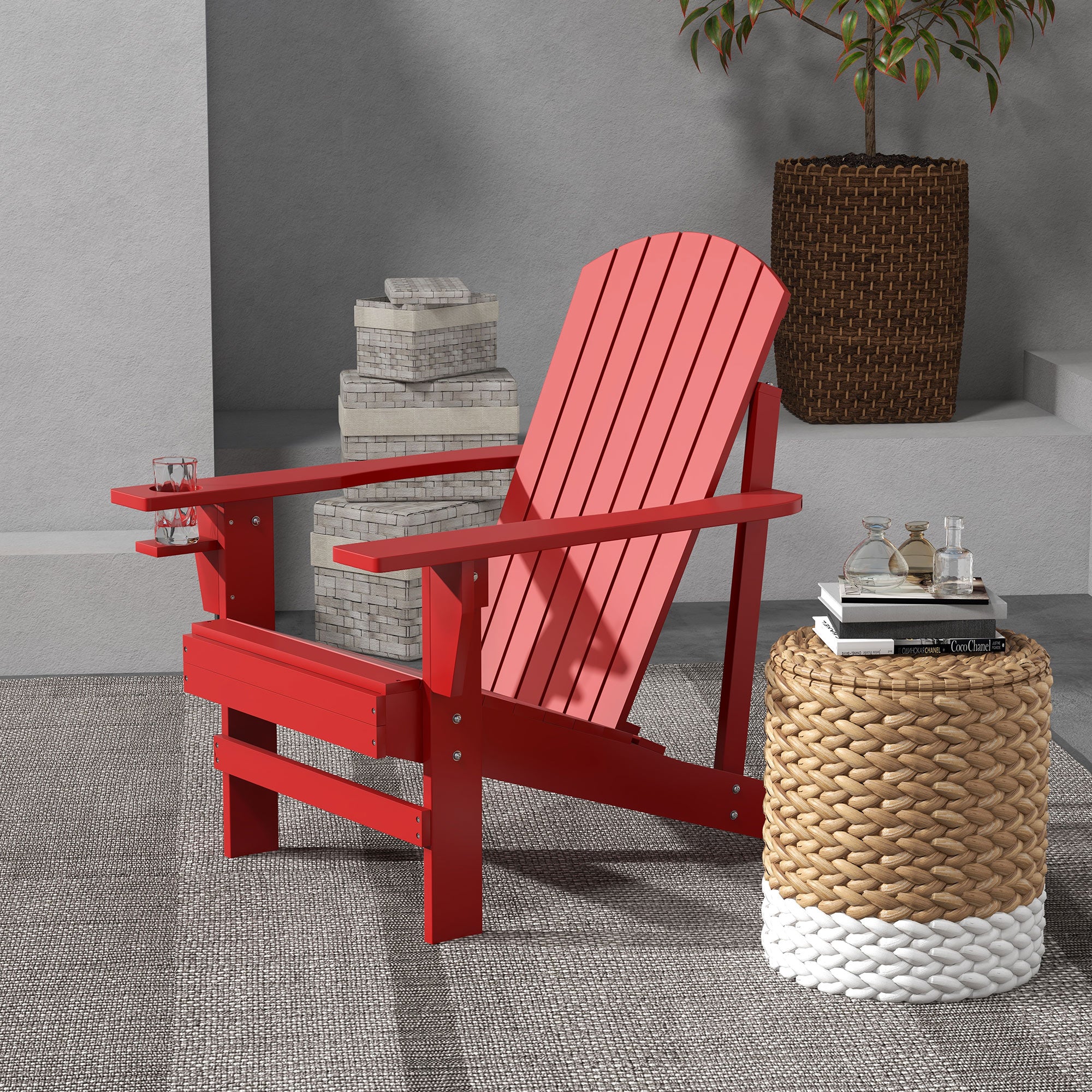 Wooden Adirondack Chair with Cup Holder, Oversized Fire Pit Chair for Garden, Backyard, Red - Image 3