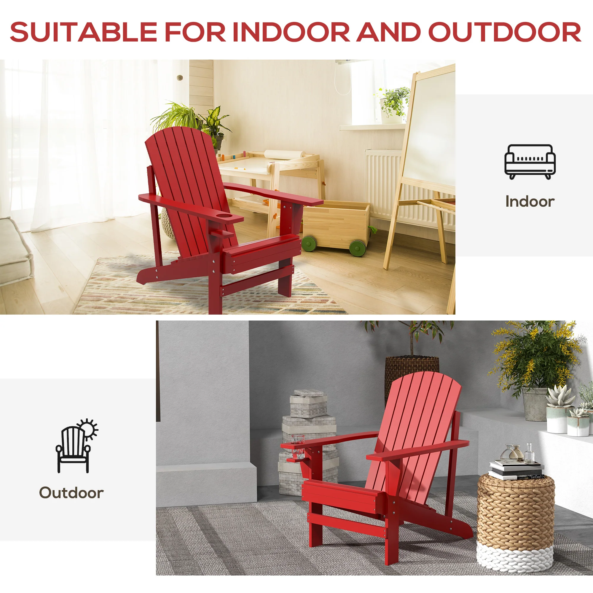 Wooden Adirondack Chair with Cup Holder, Oversized Fire Pit Chair for Garden, Backyard, Red - Image 9