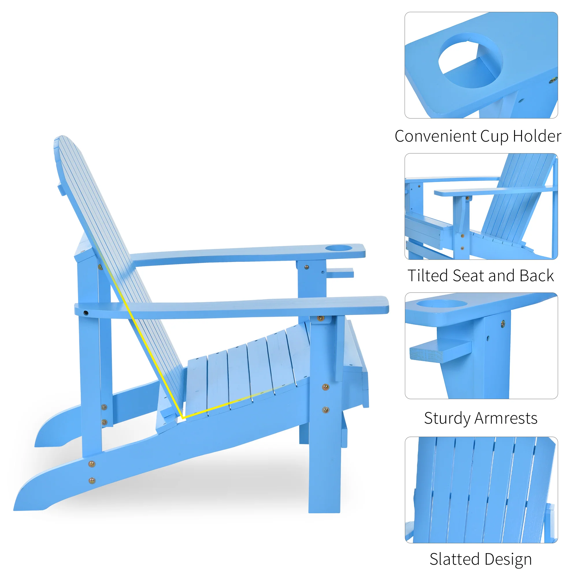 Wooden Adirondack Chair with Cup Holder, Oversized Fire Pit Chair for Garden, Backyard, Blue - Image 7
