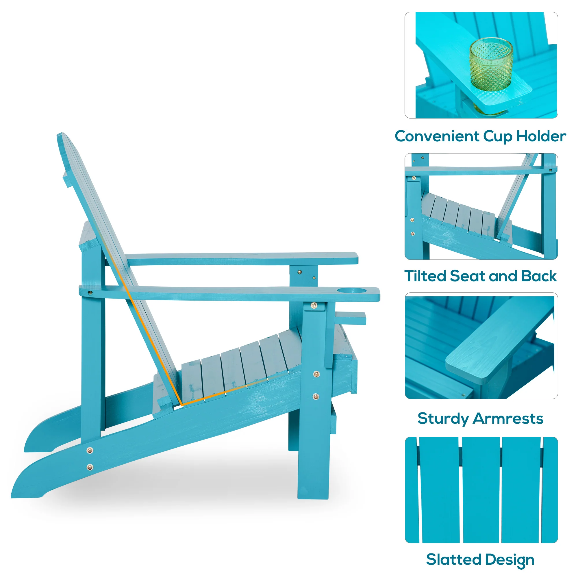 Wooden Adirondack Chair with Cup Holder, Oversized Fire Pit Chair for Garden, Backyard, Sky Blue - Image 7