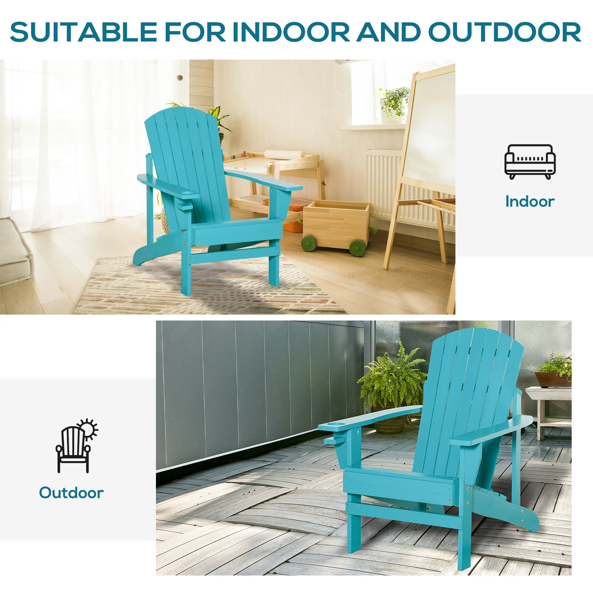 Wooden Adirondack Chair with Cup Holder, Oversized Fire Pit Chair for Garden, Backyard, Sky Blue - Image 9